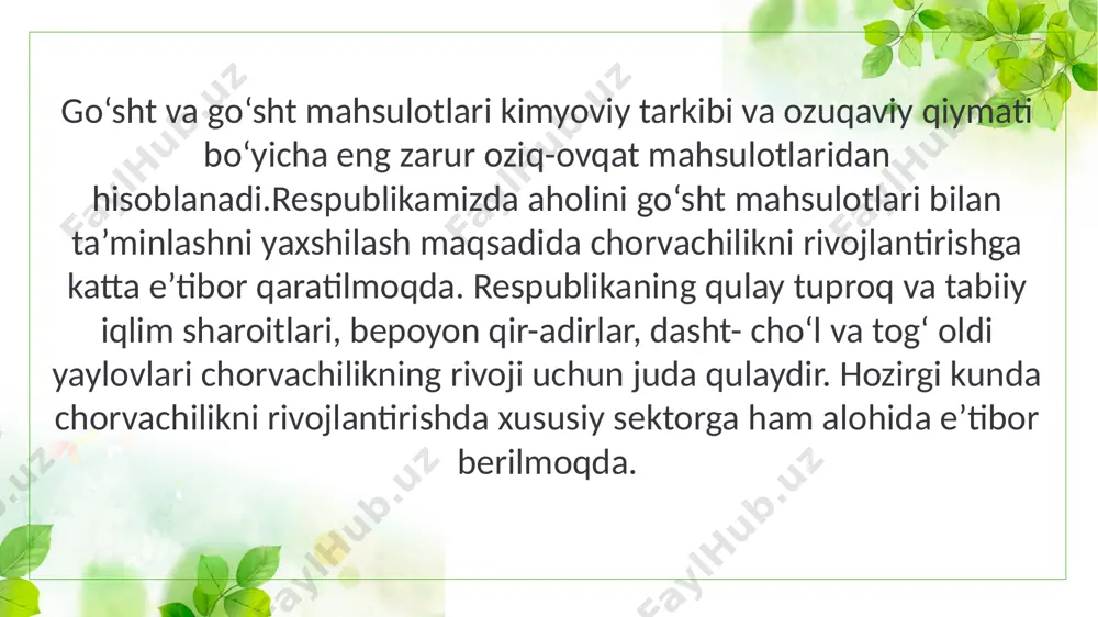 ibi molning turiga, zotiga, jinsiga, semizligiga, qaysi sharoitda, qanday yemishlar bilan boqilishiga va boshqa omillarga qarab ma’lum darajada o‘zgarib turadi. masalan, katta yoshdagi va semiz mollarning go‘shti tarkibida yog‘ miqdori ko‘proq, oqsillar va suv miqdori esa nisbatan kamroq bo‘ladi. mol go‘shtida cho‘chqa go‘shtiga nisbatan oqsilning umumiy miqdori ko‘proq, yog‘ miqdori esa kamroq bo‘ladi va hokazo. har xil hayvon go‘shtlari tarkibida oqsil miqdori 11,4 % dan 20,8% gacha oraliqda bo‘ladi.mol va qo‘y go‘shtlari tarkibida bu oqsillarning 75-85% i, cho‘chqa go‘shtida esa qariyib 90% i to‘liq qiymatli oqsil hissasiga to‘g‘ri keladi. to‘liq qiymatli, tez hazm bo‘ladigan go‘sht oqsillari (miozin, aktin, aktomiozin, miogen, mioalbumin) tarkibida o‘rin almashtirmaydigan aminokislotalarning hammasi ham uchraydi. bu oqsillar asosan go‘shtning boshqa to‘qimalariga nisbatan yuqori ozuqaviy va biologik qiymatga ega bo‘lgan muskul to‘qimasi tarkibida uchraydi. to‘liq qiymatga ega bo‘lmagan oqsil kollagen va elastin asosan birlashtiruvchi to‘qimalar tarkibiga kiradi. muskul to‘qimalar tarkibida esa ular juda kam miqdorda uchraydi. turli hayvonlar …