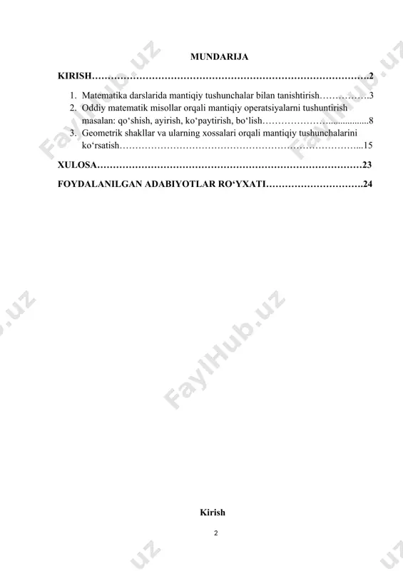 4708-sonli qarori hamda o‘zbekiston respublikasi prezidentining 2020-yil 24-yanvarda oliy majlisga murojaatnomasida belgilangan vazifalarijrosi yuzasidan ishlab chigilgan. o‘zbekiston respublikasining “talli to‘grisida’gi qonuni 2020-yil 23-sentabrda tasdiglandi. uning maqsadi fuqarolarga ta’lim-tarbiya berish, kasb-hunar o‘rgatishning huquaiy asoslarini va ta’lim sohasidagi davlat siyosatining asosiy prinsiplarini belgilash hamda har kimning bilim olishdan iborat konstitutsiyaviy huqugini ta’minlashdan iborat [footnoteref:1]. [1: mirziyoyev sh.m. buyuk kelajagimizni mard va oliyjanob xalqimiz bilan birga quramiz t.: o‘zbekiston 2017 yil] matematik mantiq-bu ramziy mantiq yordamida fikrlash va xulosa chiqarish bilan shug‘ullanadigan matematikaning bir bo‘limi. bu muammolarni hal qilish, bashorat qilish va matematik tushunchalarni tushunish uchun muhim vositadir. biroq, ko‘plab o‘quvchilar mavzuni mavhum va tushunish qiyin deb bilishadi, bu esa matematikada yomon ishlash va yutuqlarga olib keladi. ushbu maqola boshlang‘ich sinflarda matematik mantiqiy masalalarni hayotga tatbiq etish usullarini o‘rganishga qaratilgan bo‘lib, asosiy maqsad o‘quvchilarning matematikada tushunchalarini, faolligini va samaradorligini oshirishdir. boshlang‘ich sinflarda matematik mantiqiy masalalarni hayotga tatbiq etishning turli usullari qo‘llaniladi. bunday usullardan …