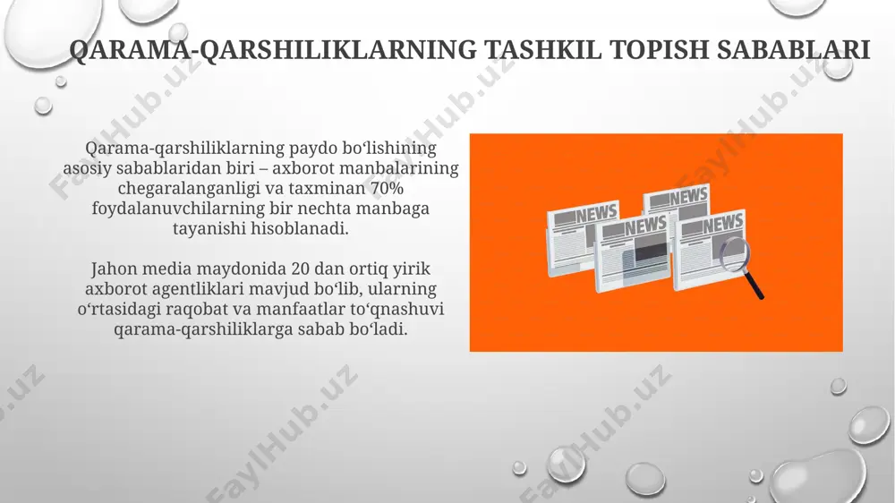 shirish mumkin. axborot tarqalishidagi qarama-qarshiliklar axborot tarqalishidagi qarama-qarshiliklarning 30% dan ortig'i ommaviy axborot vositalarining egasining shaxsiy manfaatlari bilan bog'liq bo'lib, bu ob'ektivlik va ishonchlilikka tahdid soladi. ijtimoiy tarmoqlardagi 15 million foydalanuvchidan ko'prog'i noto'g'ri yoki chalg'ituvchi axborot ta'siriga uchragan, bu esa qarama-qarshiliklarni kuchaytiradi va jamoatchilik fikriga salbiy ta'sir ko'rsatadi. ijtimoiy qarama-qarshiliklar so'nggi 5 yil ichida ijtimoiy tarmoqlarda tarqalgan yolg'on va manipulyativ ma'lumotlar soni 3 barobar oshgan, bu esa ijtimoiy qarama-qarshiliklarning keskinlashuviga va ommaviy noroziliklarning ko'payishiga sabab bo'lmoqda. o'zbekistondagi ijtimoiy tadqiqotlar shuni ko'rsatdiki, aholining 45% ijtimoiy qarama-qarshiliklarning asosiy sababi sifatida axborotning etishmasligi va noto'g'ri talqini ekanligini ta'kidlamoqda. siyosiy qarama-qarshiliklar mustaqil tahlilchilarning 70% dan ortigʻi siyosiy qarama-qarshiliklarni yoritishda obʼyektivlikning etishmasligini va maʼlumotlarning manipulyatsiyasini taʼkidlaydi. hukumat va muxolifat oʻrtasidagi axborot urushida 3 ta yirik ommaviy axborot vositasi faol ishtirok etganligi va ularning tarafdori kimligini aniqlash qiyinligi kuzatilgan. e'tiboringiz uchun rahmat @taqdimot_robot image3.png image4.jpg image5.jpg image6.jpg image7.jpg image8.jpg image9.jpg image10.jpg image11.jpg image12.jpg image13.jpg image14.jpg image15.jpg …