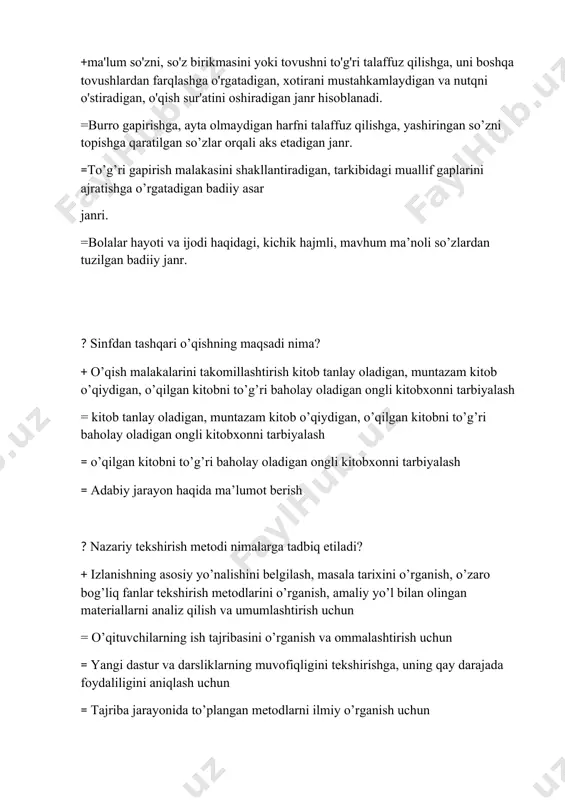 to’g’ri talaffuz qilishlari, analiz va sintez mashqlari asos qilib olinadi =savod o’rgatishda o’quvchining o’qish va yozishni bila olishi, gaplarni ifodali qilib o’qiy olishi hisobga olinadi =savod o’rgatishda o’quvchining o’qish va yozishni bila olishi, gaplarni ifodali qilib o’qiy olishi hisobga olinadi ? bolalarning savod o’rgatishga tayyorgarligini hisobga olish jihatlari qaysi javobda batafsil bayon qilingan? + o’qish ko’nikmasi, yozuv ko’nikmasi, og’zaki bog’lanishli nutqi =yozuv ko’nikmasi, o’qish ko’nikmasi = og’zaki bog’lanishli nutqi, qancha she’r yod bilishi, 2 yoki 3 ertakni bilishi, tortinib yoki tortinmay ayta olishi, matnga yaqinlashtirib aytib berishi, harflarni yoki so’z va gapni o’qiy olishi = yozuv ko’nikmasi: harflarning bosma yoki yozma shaklini yoza olishi, o’z ismini yoza olishi, barcha gaplarni yoza olishi, so’z va gapni o’qiy olishi ? yozuv darsida o’quvchilar egallaydigan amaliy imloviy bilimlar majmui ko’rsatilgan javobni belgilang. + talaffuzi yozilishidan farq qilmaydigan so’zlarni to’g’ri yozishni, gapda so’zlarni alohida yozishni, bo’g’in ko’chirishni bosh harf bilan kishilarning, shahar, ko’cha, hayvonlarning …