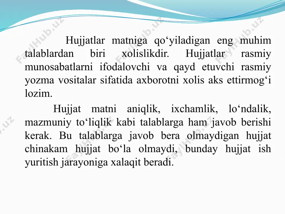 qayd. 18. matn. 19. ilova mavjudligi haqidagi qayd. 20. imzo yoki elektron raqamli imzo. 21. kelishuv ustxati. 22. rozilik belgisi (viza). 23. muhr. 24. nusxaning tasdiqlanishi haqidagi qayd. 25. ijrochining familiyasi va telefon raqami. 26. hujjatning bajarilganligi va uni hujjatlar yig‘majildiga yo‘naltirilganligi haqidagi qayd. 27. kompyuterga ko‘chirilganligi haqidagi qayd. 28. hujjat kelib tushganligi haqida qayd. albatta, hujjatning har bir turi mazkur zaruriy qismlaming barchasini o‘z ichiga olmaydi. hujjatning muayyan turiga muvofiq ravishda bu qismlaming ayrim bir turkumi huquqiy talablami ta’minlash darajasida qo‘llanadi. shu narsa ham muhimki, ayni qismlaming hujjatda joylashishida qat’iy tartib mavjud, ular joylashishidagi qat’iy ketma-ketlik hujjatning huquqiy kuchini ta’minlash, hujjatni zudlik bilan ishlash, bajarish, undan osonlik bilan foydalanish uchun muhimdir. ma’lumot-axborot hujjatlari anchayin katta guruhni tashkil qiladi, bunday hujjatlarning ish yurirish jarayonidagi ishtiroki ham juda faol. bu guruh ariza, ishonchnoma, tushuntirish xati, bildirishnoma bayonnoma va undan ko‘chirma, dalolatnoma, ma’lumotnoma, tilxat, e’lon, hisobot, tavsifnoma, tavsiyanoma, tarjimayi hol kabi hujjatlarni …