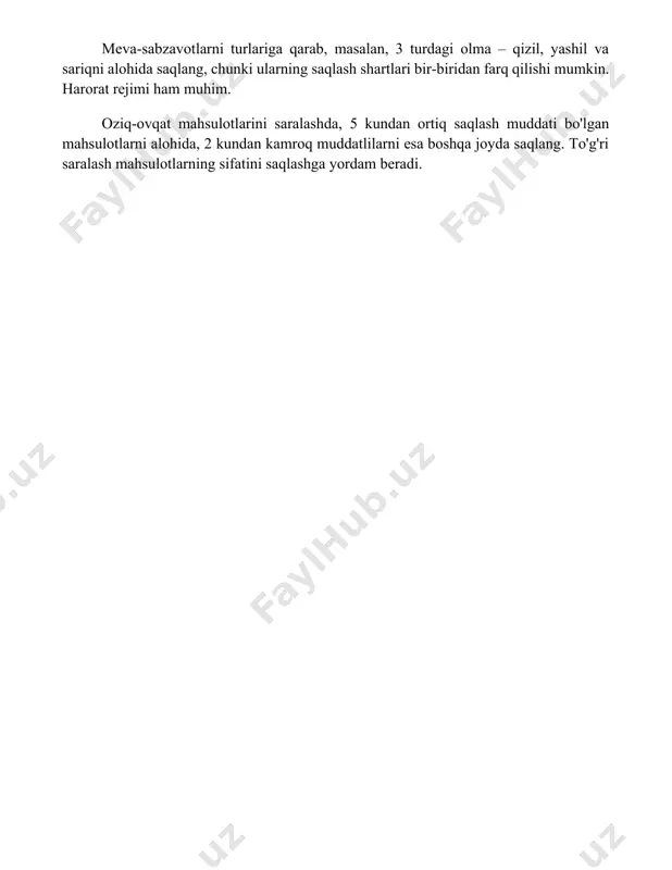 'lgan mahsulotlarni alohida, 2 kundan kamroq muddatlilarni esa boshqa joyda saqlang. to'g'ri saralash mahsulotlarning sifatini saqlashga yordam beradi. 📌xulosa oziq-ovqat mahsulotlarini to'g'ri saqlash ularning sifatini va xavfsizligini ta'minlaydi, o'z vaqtida iste'mol qilinishiga yordam beradi va oziq-ovqat chiqindilarini kamaytiradi. shuning uchun, oziq-ovqat saqlash qoidalariga amal qilish juda muhim. 📚foydalanilgan adabiyotlar 1. oziq-ovqat mahsulotlarini saqlashning asosiy qoidalari. o'zbekiston respublikasi sog'liqni saqlash vazirligi tomonidan tasdiqlangan. 2. uy sharoitida oziq-ovqat mahsulotlarini saqlash bo'yicha qo'llanma. (manba ko'rsatilishi kerak) 3. muzlatkichda oziq-ovqat mahsulotlarini saqlashning optimal harorati va muddati. (manba ko'rsatilishi kerak) 4