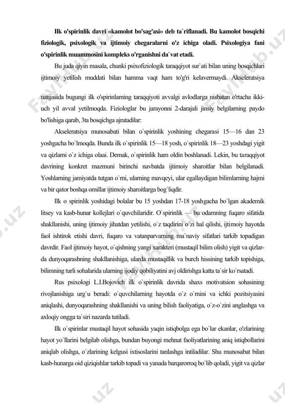 ch ilk o`spirinlik davrida shaxs motivatsion sohasining rivojlanishiga urg`u beradi: o`quvchilarning hayotda o`z o`rnini va ichki pozitsiyasini aniqlashi, dunyoqarashning shakllanishi va uning bilish faoliyatiga, o`z-o`zini anglashga va axloqiy ongga ta`siri nazarda tutiladi. ilk o`spirinlar mustaqil hayot sohasida yaqin istiqbolga ega bo`lar ekanlar, o'zlarining hayot yo`llarini belgilab olishga, bundan buyongi mehnat faoliyatlarining aniq istiqbollarini aniqlab olishga, o`zlarining kelgusi ixtisoslarini tanlashga intiladilar. shu munosabat bilan kasb-hunarga oid qiziqishlar tarkib topadi va yanada barqarorroq bo`lib qoladi, yigit va qizlar o`z kelajaklari haqida jiddiyroq o`ylay boshlaydilar. ilk o`spirinlik davridagi jismoniy rivojlanish ustida to`xtalib o'tamiz, bu narsa quyidagi sabablarga ko`ra muhimdir. jis​moniy rivojlanishning ayrim xususiyatlari ilk o`spirin shaxsining ayrim sifatlari rivojlanishiga ma`lum darajada ta`sir ko`rsatadi va uning bundan keyingi hayot faoliyati sohasidagi imkoniyatlarini bir qadar belgilab beradi. birinchidan bu o`rinda kasb tanlash nazarda tutiladi, bu esa ma`lum darajada yigit va qizlarning indi​vidual jismoniy tuzilishi xususiyatlariga ham bog'liqdir. ikkinchidan, jinslarning o`zaro mayli ta`sir ko`rsatadiki, bunda jismoniy …