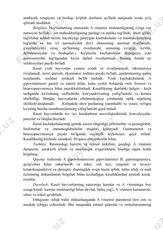 fiq videkarotin, dafasol va boshqalar. d vitamini etishmasligini to'ldirish, raxitni davolash va oldini olish uchun uy kvars lampalari yordamida sun'iy ultrabinafsha nurlanish o'tkaziladi. davolash kursi, dozasi va kvarslash vaqti veterinar tomonidan aniqlanishi kerak. so'nggi yillarda veterinariya shifokorlari anabolik steroidlardan muvaffaqiyatli foydalanishdi: ko'rsatmalarga muvofiq retabolil, metandrostenolon, nerobolil va boshqalar. patogenetik vositalardan xlorpromazin, mis sulfat va boshqalar ko'rsatmalarga muvofiq qo'llaniladi. yurak faoliyatini buzgan holda, simptomatik vositalar sifatida kordiamin, kofein yoki sulfokamfokain, nafas olish markazini qo'zg'atish uchun lobelin yoki sititon ishlatiladi. anemiya holatida temir dekstran preparatlari, kobalt, mis va yod tuzlari buyuriladi. oldini olish. raxitning oldini olish uchun (gipovitaminoz d) majburiy mashqlar bilan kuchukchalarni to'g'ri ovqatlantirish, optimal parvarish qilish va boqishni tashkil etish kerak. o'z vaqtida profilaktik davolanish va yuqumli kasalliklarga qarshi emlash ishlarini olib boring. agar ultrabinafsha nurlanish etarli bo'lmasa, ozuqada d vitamini, kaltsiy va fosfor etishmasa, kuchukchalar veterinar ishtirokida kvarts lampalari bilan nurlantiriladi, ozuqaga d vitamini, kaltsiy va fosfor qo'shimchalari qo'shiladi. …