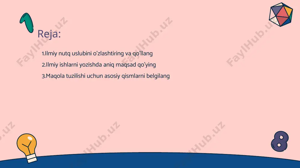 emik nashrlar va ixtisoslashgan maqolalar ustunlikka ega. • manba formatlash - har bir manbani to'g'ri formatlash muhim. kitoblar, maqolalar va veb-saytlar uchun alohida standartlar mavjud. tahlil va xulosa qismlarini aniq yozing • tahlil asoslari - tahlil biror narsani chuqur o'rganish jarayonidir. bu jarayon orqali ma'lumotlar va faktlar to'planadi. • ma'lumotlar tahlili - tahlil davomida ma'lumotlar tahlil qilinib, ularning o'zaro aloqalari aniqlanadi. tahlil orqali asosiy xulosalarga erishiladi. • xulosa ishlab chiqish - tahlil jarayoni natijasida muammoning yechimlari ishlab chiqiladi. xulosa, olingan ma'lumotlar asosida amalga oshiriladi. • tahlil va xulosa ahamiyati - to'g'ri tahlil qilish va xulosa ishlab chiqish bilimlarni chuqurlashtiradi. bu ilmiy tadqiqotlar uchun muhim jarayondir. referatlar uchun zaruriy formatni bilib oling • referatning tuzilishi - referat aniq struktura asosida yozilishi zarur. kirish, asosiy qism va xulosa bo'limlari bo'lishi kerak. • manbalar ro'yhati - referatda ishlatilgan manbalar ro'yhati keltirilishi kerak. bu ishonchlilikni oshiradi. o'quvchilar uchun ilmiy materiallarni tayyorlang • ilmiy tadqiqotning …