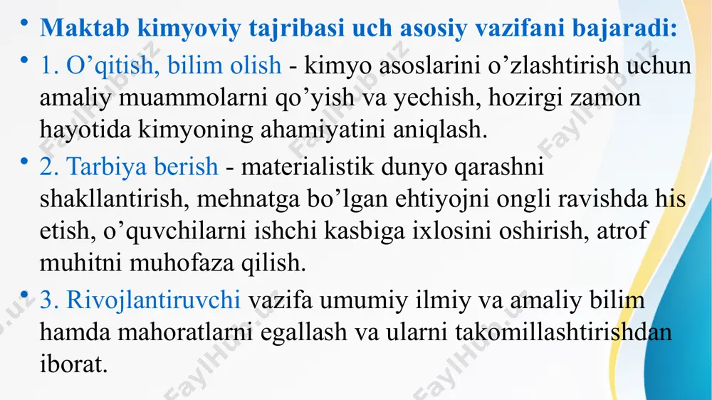 ajribani bajaradilar-u, lеkin o’rtasidagi vazifalar taqsimlanib qo’yilgan bo’ladi); -jamoa (turli xil stolda o’tirgan o’quvchilar turlicha tajribalar bajaradilar, natijasi esa sinfda muhokama qilib, jamoa bo’lib xulosalar qiladilar). laboratoriya tajribasining darsdagi muvafaqqiyati uni tayyorlashga bog’liq. avvalo, har bir stol uchun zarur bo’lgan jihozlarni tanlash va uni o’z joyiga qo’yish haqida o’ylash lozim. asbobning bir qismi, yoki probirka va shunga o’xshashlarning yo’qligi butun sinf ishini izidan chiqaradi. idishlardagi rеaktivlar albatta o’qituvchi tomonidan tеkshirilib ko’rilishi kеrak. agar bir qism rеaktivlarni probirkalarga quyib bеrish kеrak bo’lsa, ularni raqamlash, doskada esa qaysi probirkada qanday modda borligini yozib qo’yish kеrak. xavfsizlik tеxnikasi qoidasiga rioya qilish maqsadida biroz murakkab tajribalarni yakka tartibda emas, balki o’quvchilar guruh bo’lib (2-3 kishi) bajargani ma'qul. tajribani bajarish paytida o’quvchilarning faoliyati boshqarilishi, kim yaxshi ishlayotganligini ta'kidlash, xavfsizlik tеxnikasi va natijalarini kuzatib borish kеrak. ish yakunida avvaldan yig’ishtirish uchun bir nеcha daqiqa qoldirish kеrak. ish tamom bo’lgandan so’ng, uning natijalari muhokama qilinadi va daftarga …