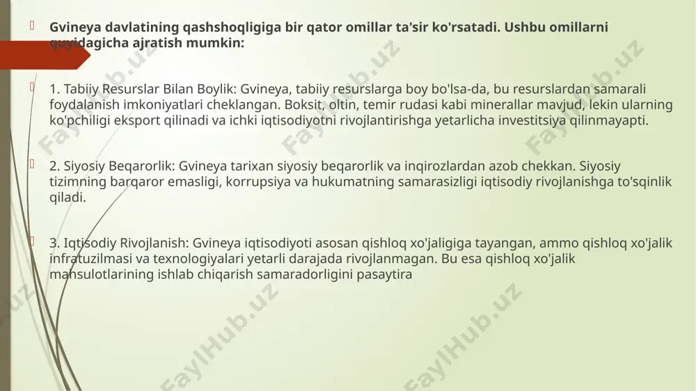 qoloq davlat sifatida belgilaydi va uning iqtisodiy va ijtimoiy rivojlanishiga to'sqinlik qiladi. qoloqlikni bartaraf etish uchun barqaror rivojlanish, ta'lim va sog'liqni saqlash tizimlarini yaxshilash, hamda korruptsiyaga qarshi kurashish muhimdir.bundan tashqari ko’plab sabablar ham bor.birinchisi ,tarixiy sabablar :gvineya kolonyal davrda fransiyaning mustamlakasi bo’lgan . mustamlakachiliknining oqibatida iqtisodiy va infratuzilma tizimlari asosanboyliklarni tashqi dunyoga chiqarishga yo’naltirilgan ,mahalliy aholi esa yetarli darajada rivojlanish imkoniyayatlari yaratilmagan.ikkinchisi ,siyosiy barqarorlik ,gvineyada bir qancha yillar davomida siyosiy barqarorlik va o’zoro ziddiyatlar bo’lgan.mustaqillikka erishgandan keyin ham, davlatda ko’blab harbiy to’ntarishlar bo’lib o’tgan, bu esa rivojlanishga to’sqinlik qilgan . gvineya gvineyaning iqtisodiy imkoniyatlari va muammolari quyidagi asosiy jihatlardan iborat: iqtisodiy imkoniyatlar: 1. tabiiy resurslar: - gvineya boksit (aluminiy ishlab chiqarish uchun asosiy xom ashyo), oltin, temir rudasi va boshqa minerallarga boy. bu resurslar xalqaro bozor uchun muhim eksport mahsulotlarini tashkil etadi. - gvineya dunyodagi eng katta boksit zahiralariga ega va bu sohada global yetakchilardan biri hisoblanadi. 2. qishloq tarmog'i: …