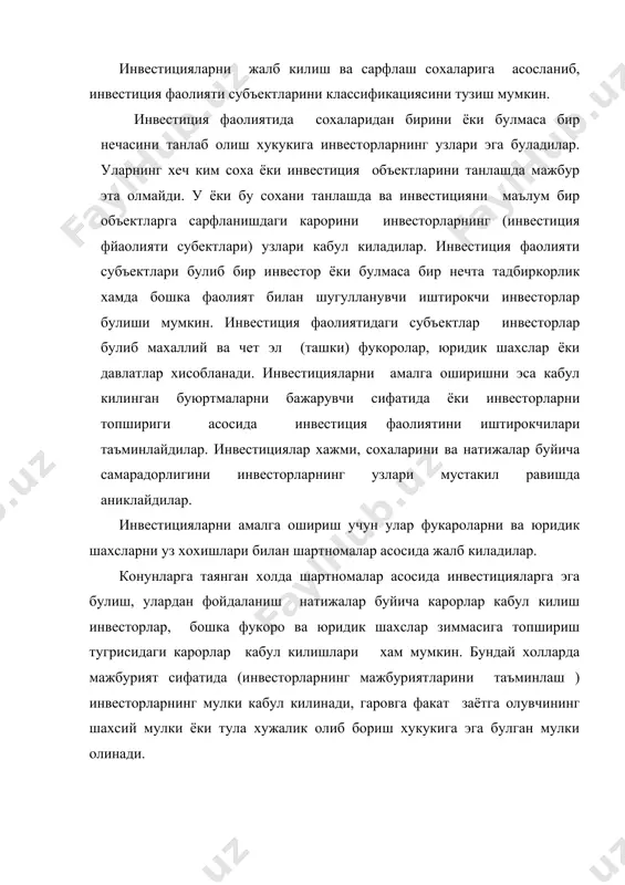 ан узок курилиш, курилиш объектларини хакикий муддатларини курилиш муаммоларига нисбатан бир неча марта чизилиб кетиши узок муддатли банк кредити молиявий манбаи сифатида ривожланишига яна бир тусик булди. республикамизда «банк ва банклар фаолияти тугрисида» ги конунларнинг кабул килиниши, акционер - тижорат, тижорат ва шахсий банкларни барпо этилишига хамда уларнинг ривожланишига олиб келди. бу эса инвестицияларни банк кредитлари эвазига молиялаштиришни кенгайтиришга кулай шароит яратди. эндиликда турли мулк асосларида ташкил этилган банклар инвестиция фаолиятини кредит билан таьминлаш миханизимларни ишлаб чикаришлари зарур. узок муддатли кредит эвазига инвестицияларни молиялаштириш механизми бозор мунусабатларига мослаб ишлаб чикариш ва хаётга тадбик этиш банклар сохасидаги иктисодчиларни ва илмий изланувчиларни асосий муоммоларидан биридир. бюджет комоматларини нисбатан усиши, ишлаб чикаришни камайтириши, иктисодий муносабатларнинг издан чикиши ва инфляция таьсирида бахоларни усиб бориши инвестиция фаолиятининг ривожланишига тускинлик килмокда. республикамизда бир катор иктисодий конунларнинг кабул килиниши, шу жумладан мулкчилик шакллари тугрисидаги давлат мулкини хусусийлаштириш, чет эл инвестицияларини жалб килиш конунларини хаётга татбик этиши натижасида …
