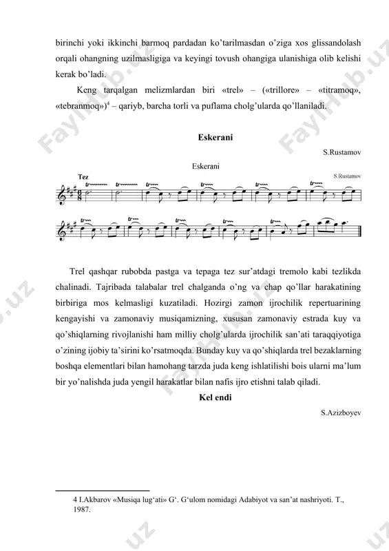 viy ijrochilikda, shartli ravishda nota ustiga to’lqinsimon chiziq bilan belgilanadi. tong a.ismoilov eshvoy ozbek xalq kuyi kompozitorlar ijodida “glissando” nomli melizm qo’llaniladi. “glissando” (it. “glissando” – “sirg’anma”) – bir tovushdan ikkinchi tovushizga sirg’alib o’tish. qashqar rubobda glissando chap qo’l barmog’ini dasta bo’ylab pastga yoki yuqoriga sirg’altirib amalga oshiriladi. katta intervallar orasidagi glissando asosan birinchi barmoq bilan chalinsa, kichikroq intervallarda boshqa barmoqlarda ham ijro etish mumkin. bunda sirg’alayotgan barmoq tovushni so’ndirib qo’ymasligi va ravon harakat bilan nota cho’zimiga mos vaqtda ikkinchi notaga yetib kelishi kerak bo’ladi. sayohatnoma m.bafoyev tush manzaralari d.saydaminova dilorom saydaminovaning “tush manzaralari” asaridan keltirilgan parchadagi sekunda intervalidagi glissandolar mizrob bilan rez usulida, chap qo’l bilan esa “kashish”[footnoteref:5] usulida, ya’ni, torni ko’tarish yo’li bilan amalga oshiriladi. [5: “kashish” haqida keyingi betga qarang. ] qashqar rubobda chap qo’l dasta bo’ylab sirg’alib glissando qilganda o’ng qo’l bilan rez qilinadi lekin, ayrim hollarda o’ng qo’l bilan birinchi tovushga zarb berilgach, shu tovush …