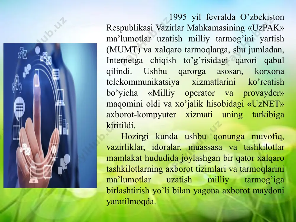 sepsiyasini ishlab chiqarishimiz kerak” shu asosda “raqamli o’zbekiston-2030” dasturini hayotga tatbiq etishimiz zarur. raqamli iqtisodiyot yalpi ichki mahsulotni kamida 30% ga o’stirish, korrupsiyani keskin kamaytirish imkonini beradi. 2. raqamli iqtisodiyotda axborot-kommunikatsiya tеxnologiyalarning ro`li va vazifalari 16 elektron to’lovlar to’g’risida (2005 y.) elektron tijorat to’g’risida (2004 y.) elektron hujjat aylanishi to’g’risida (2004 y.) axborotlashtirish to’g’risida (2011 y.) elektron raqamli imzo to’g’risida (2003 y.) axborot erkinligi printsiplari va kafolatlari to’g’risida (2002 y.) telekommunikatsiyalar to’g’risida (1999 y.) elektron hukumat to’g’risida (2015 y.) o‘zbekiston respublikasi prezidentining 2020 yil 28 apreldagi “raqamli iqtisodiyot va elektron hukumatni keng joriy etish chora-tadbirlari to‘g‘risida” pq-4699-son qarori axborot -kommunikatsion texnologiyalarni o`zbekistonda joriy etish. 18 raqamli iqtisodiyot - insonlar uchun qulayliklarni ta`minlaydigan ishlab chiqarish kompleksi ya`ni mahsulot va xizmatlarni yaratadigan virtual muhit bo`lib, raqamli taxnologiyalardan foydalangan xolda iqtisodiy ishlab chiqarish tizimidir. xo'jalik faoliyatini yuritishda ishlab chiqarish va xizmat ko'rsatishdagi asosiy omil raqamlar ko'rinshidagi ma'lumotlar bo'lib, katta hajmdagi axborotlarni qayta ishlash …