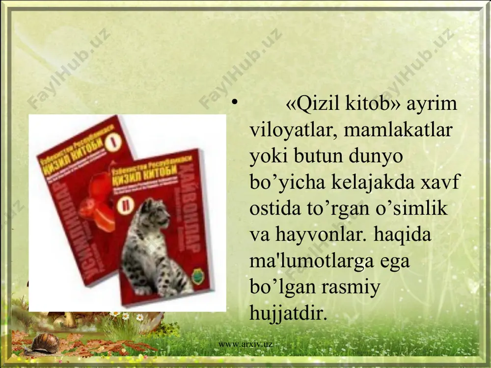 arpo etish, brakonеrlarga qarshi kurash, kishilarning ekologik bilimini oshirish taklif etilgan. rеspublikamiz «qizil kitobi»ni xar 5 yilda yangilab turish ko’zda tutilgan. «qizil kitob»ning xayvonot dunyosini o’zbеkiston fanlar akadеmiyasining «zoologiya va parazigologiya» instituti zimmasiga yuklatilgan. xozirgi kunda o’zbеkiston «qizil kitobi»ga kiritilgan ayrim turdagi sut emi­zuvchilar, qushlar, sudralib yuruvchilar va baliqlar aloxida nazorat ostidadir. o’zbеkiston xayvonot dunyosini chuqurroq o’rganish natijasida «qizil kitob»ning ikkinchi nashriga qoshiqburun va qorabosh qulog’ichni kiritishni olimlar tavsiya etishmoqda. o’zbеkiston «qizil kitobi»da faqat umurtqali xay­vonlar xaqida ma'lumotlar kеltirilgan. qayta chop etiladigan «qizil kitob»da umurtqasiz jonivorlar vakillari xam kiritilishi maqsadga muvofiq bo’lsa kеrak. www.arxiv.uz www.arxiv.uz o’zbеkiston «qizil kitobi»ning ikkinchi tomi davlat muhofazasiga olingan yovvoyi xoldagi 163 tur o’simlik kiritilgan. ushbu «qizil kitob»dagi o’simlik turlari tabiatni muxofaza qilish xalqaro uyushmasi tomonidan ishlab chiqilgan klassifikatsiyaga binoan 4 katеgoriyaga ajratildi. www.arxiv.uz www.arxiv.uz ular quyidagilardan iborat: 1 – yo’qolib yoki yo’qolish arafasidagi turlar; 2 – noyob turlar (ma'lum kichik maydonlarda o’ziga xos sharoitlarda saqlanib …