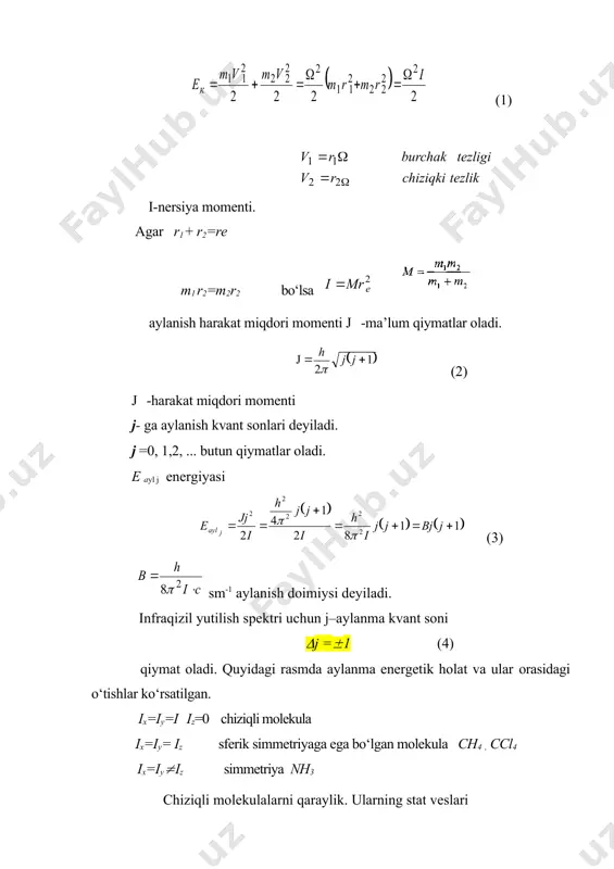 orasidagi masofa (asosiy elektron holatda) bundan kо‘rinadiki j = 0 va j = 1 sathlar orasidagi masofa 120 sm-1 rasmning о‘ziga xos xususiyati shundan iboratki, har bir chastota bir - biridan 2b masofada joylashgan. j = 0,1,2 quyidagi ratorning xususiy funksiyasi berilgan о‘qqa nisbatan ( - azimutal burchak (z- о‘qi) ( - shu о‘q bilan burchak (m –ikkinchi kvant soni ) spektrga teng yej=vj (j+1) (4) formulaga asosan. quyidagicha tablisa tuzish mumkin j=0 1 2 3 4 5 6 7 e=0 2v 6v 12v 20v 30v 42v 56v aylanma xolatda molekulalar soni berilgan j ning qiymatlarida quyidagicha formula, bilan aniqlanadi aylanma xolatda stat ves gj=2j +1 agar j=0 gj=1 teng bо‘ladi. kombinasion sochilish spektri uchun tanlash qoidasi bо‘yicha aylanma kvant soni quyidagi qiymatlarni qabul qiladi (j = 0, (2 (*) kombinasion sochilish spektri har bir chastotasi 4v masofada joylashadi. (*) ga asosan d(h, c(v simmetriyaga ega bо‘lgan molekulalar ham kombinasion …