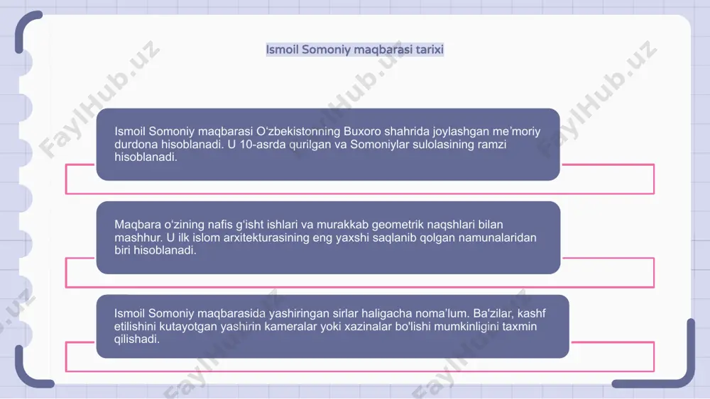 ishoniladi, ammo ular hali aniqlanmagan. so‘nggi yillarda ismoil somoniy maqbarasini tiklash va asrab-avaylash, uning tarixiy ahamiyatini yo‘qotmaslik bo‘yicha ishlar olib borilmoqda. ismoil samoniy maqbarasi atrofidagi sirlarni o'rganish ismoil somoniy maqbarasi — oʻzbekistonning buxoro shahrida joylashgan qadimiy qabriston. 10-asrda qurilgan maqbara oʻzining murakkab gʻisht ishlari va geometrik dizayni bilan mashhur. maqbara o'zining yoshiga qaramay, o'zining ko'plab sirlarini saqlab qolishga muvaffaq bo'ldi, bu arxeolog va tarixchilarni hayratda qoldirdi. ismoil somoniy maqbarasining o'ziga xos xususiyatlari ismoil somoniy maqbarasi buxorodagi muhim yodgorlikdir. u oʻzining noyob meʼmoriy xususiyatlari va boy tarixiy merosi bilan mashhur. maqbara 10-asrda qurilgan boʻlib, markaziy osiyoda saqlanib qolgan eng qadimiy inshootlardan biri hisoblanadi. bu qadimgi fors hunarmandlarining go'zalligi va mahoratini namoyish etadi. maqbarada yashiringan sirlardan biri murakkab geometrik naqshlar va gul naqshlarini shakllantiradigan murakkab g'isht ishlaridir. 1 2 3 ismoil somoniy maqbarasini boshqa tarixiy joylar bilan solishtirish ismoil somoniy maqbarasi — oʻzbekistonning buxoro shahrida joylashgan tarixiy obida. u o'zining noyob me'morchiligi …