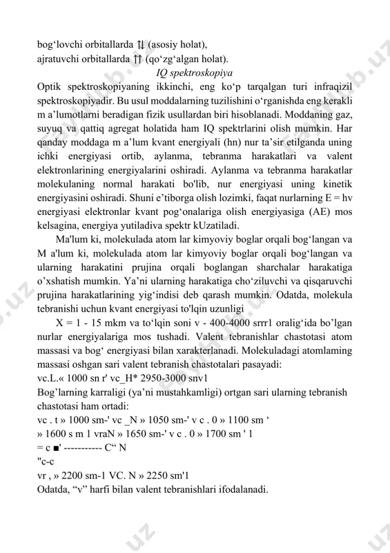 c _n » 1050 sm-' v c . 0 » 1100 sm ‘ » 1600 s m 1 vran » 1650 sm-' v c . 0 » 1700 sm ' 1 = c ■' ----------- c“ n "c-c vr , » 2200 sm-1 vc. n » 2250 sm'1 odatda, “v” harfi bilan valent tebranishlari ifodalanadi. iq-spektrlarida odatda, “v” harfi bilan valent tebranishlari ifodalanadi. iq-spektrlarida valent tebranishlarini kuzatish uchun ikki tanlash qoidasiga rioya qilinishi lozim: . , iq-nurlanish energiyasining yutilishi uchun molekula tebranish paytida o‘zining dipol momentini o‘zgartirishi lozim. nurlanishning yutilishi paytida faqat dn = +1 qiymatga teng energetic o‘tishlar sodir bo‘ladi. shunisi m uhim ki, har qaysi funksional guruh uchun tebranish chastotalari kichik sohada yotadi va uning shu chegaradagi o‘zgarishi shu guruhning yaqin qurshoviga bog‘liq. spektrlarni tomiq tahlil qilish juda qiyin másala bo‘lgani uchun va murakkab tuzilishdagi molekulalarning spektrini o‘rganish uchun qiyoslash usulidan foydalanadilar. yamr spektroskopiya yamr (yadro m agnit …