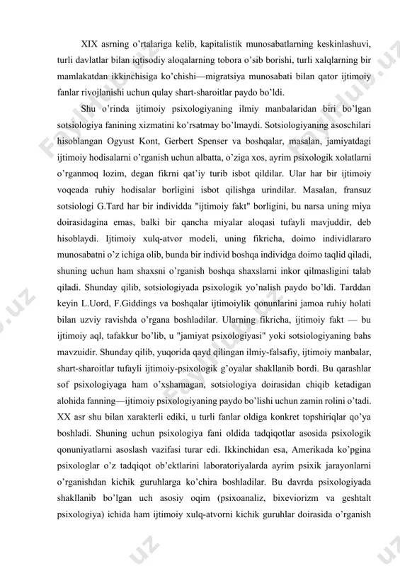 jarayonlarni o’rganishdan kichik guruhlarga ko’chira boshladilar. bu davrda psixologiyada shakllanib bo’lgan uch asosiy oqim (psixoanaliz, bixeviorizm va geshtalt psixologiya) ichida ham ijtimoiy xulq-atvorni kichik guruhlar doirasida o’rganish tendensiyasi paydo bo’ldi. bunda asosiy diqqat kichik guruhlarga va ularda turlicha eksperimentlar o’tkazishga qaratilgan edi. bunday holatning paydo bo’lganligi ijtimoiy psixologiyaning fan sifatida shakllanishida nihoyatda katta rol o’ynadi. geshtald psixologiya yo’nalishi negizida maxsus ijtimoiy psixologik yo’nalishlarning — interaksionizm va kognitivizmning paydo bo’lganligi esa bu fanning eksperimental ekanligini yana bir bor isbot qildi. bixeviorizm yo’nalishlari doirasida o’tkazilgan ijtimoiy psixologik tadqiqotlar avvalo amerikalik olimlar k.xall va v.skinnerlar nomi bilan bog’liq. ular va ularning izdoshlari hisoblangan k.miller, d.dollard, dj.tibo, g.kelli va boshqalar diada — ikki kishi o’rtasidagi munosabatlarning xilma-xil eksperimental ko’rinishlarini tadqiq qilib, ularda matematik o’yin nazariyasi elementlarini kuzatdilar. diada sharoitida tajribada o’tkazilgan tadqiqotlarda asosan mustahkamlash g’oyasini isbot qilishga urinildi. klassik bixeviorizmdan farqli o’laroq ijtimoiy psixologik bixevioristlar hayvonlar o’rniga laboratoriyaga naqd pulga odamlarni taklif eta boshladilar, …
