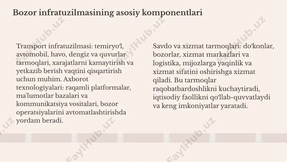 tsiyalar va infratuzilma o'rtasidagi bog'liqlik, masalan, yangi texnologiyalar asosida infratuzilmani rivojlantirish, mamlakatlarning raqobatbardoshligini mustahkamlaydi. savdo va xizmat ko'rsatish tarmoqlari savdo infratuzilmasi logistika, transport, omborlar va savdo nuqtalarini o'z ichiga oladi. bu tarmoqlar to'g'ridan-to'g'ri iqtisodiy faoliyat va infratuzilmaning asosiy qismidir. xizmat ko'rsatish tarmoqlari sog'liqni saqlash, ta'lim, bank va turizm kabi sohalar bilan bog'liq bo'lib, ular ijtimoiy va iqtisodiy rivojlanishga katta ta'sir ko'rsatadi. iqtisodiy va ijtimoiy ta'sirlar ish o'rinlari, soliqlar, innovatsiyalar va texnologiyalarning rivojlanishi bilan bog'liq bo'lib, bu tarmoqlar mamlakatning umumiy rivojlanishiga hissa qo'shadi. shu bilan birga, savdo va xizmat ko'rsatish tarmoqlari iqtisodiy va ijtimoiy rivojlanishda asosiy o'rin tutadi. kelajakda infratuzilma rivojlanishi rivojlanish istiqbollari: kelajakda infratuzilma texnologiyalar va strategiyalar bilan rivojlanmoqda, u iqtisodiy o'sishni qo'llab-quvvatlaydi va yashash muhitini yaxshilaydi. innovatsion yechimlar: aqlli shaharlar va ekologik toza transport tizimlari infratuzilmaning samaradorligini oshiradi va barqaror rivojlanishga yordam beradi. barqaror rivojlanish: ekologik barqarorlik, energiya samaradorligi va ijtimoiy tenglik asosiy yo'nalishlar bo'lib, muhim omil hisoblanadi. bozor …