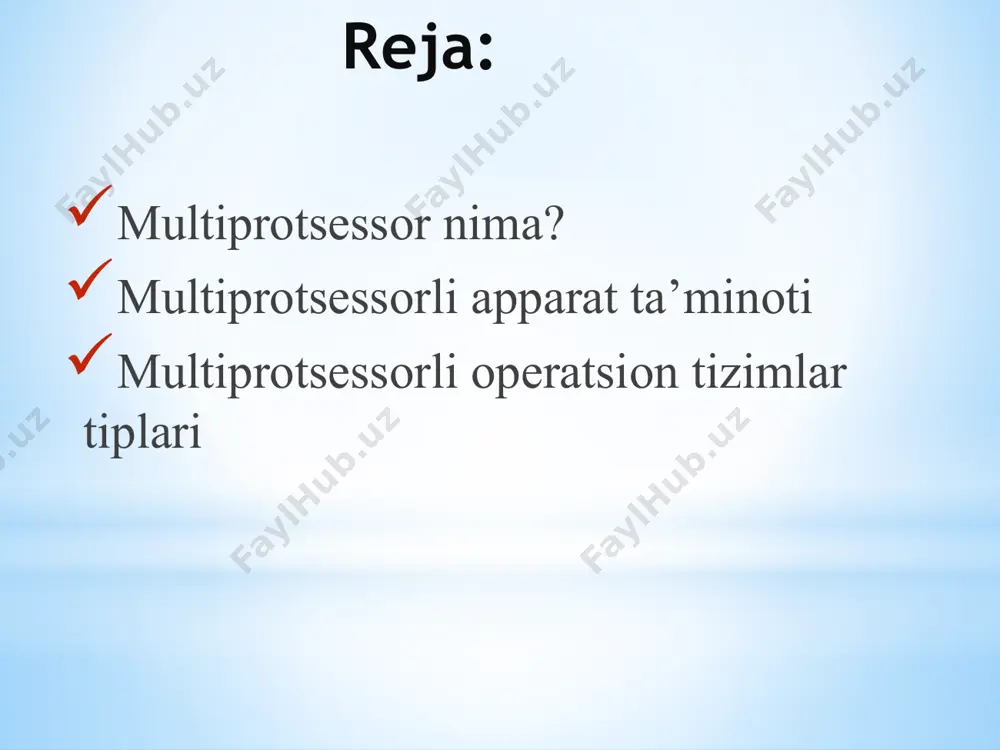 smp arxitekturasini ishlatadi. smp tizimi bir-biriga mustahkam jipslashgan protsessorlar jamlanmasi bo’lib, bu protsessorlar tizim tamonidan boshqarilishi yoki mustaqil ishlashi mumkin. har bitta protsessor alohida, ya’ni bir biriga aloqasi bolmagan holda dasturlarning ishlashiga javob berishi mumkin. multiprotsessorli tizim oddiy strukturasi multiprotsessorli apparat ta’minoti multiprotsessorli apparat ta’minoti quyidagi ko’rinishlarda namoyon bo’ladi: uma (uniform memory access) numa (non-uniform memory access) multiprotsessor uma multiprotsessorning shinali arxitekturasi kesh xotirasiz kesh xotira va lokal xotirali kesh xotirali umumiy xotiradan foydalanuvchi multiprotsessorlar (shared memory) umumiy xotiradan foydalanuvchi multiprotsessorlar (shared memory) ma’lumotlarni o’zgartirishda “eski“ protsessor kesh xotiralarini mavjutligini va ulardagi ma’lumotlar saqlanishini tekshirish zarur (apparat darajasida ta’minlangan bo’lishi bilan birga, protsessorlar hajmi oshgani sayin tizim murakkablasha boradi) numa multiprotsessor numa tizimli hisoblash tizimlarining quyidagi asosiy uchta xususiyati mavjud va shular bilan boshqa tizimlardan farq qiladi: 1. xotiradagi maydonlar barcha protsessorlar (cpus) uchun ko’rinib turadi; 2. xotiraga murojaat qilish maxsus load va store instruksiyalari orqali amalga oshiriladi; 3. oddiy …