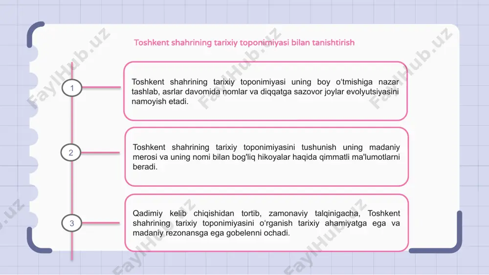va savdo yo'llari bilan bog'liqligini ta'kidlaydi. fors va arab tillarining toshkent shahar toponimiyasiga ta’siri toshkent shahrining tarixiy toponimiyasi fors va arab tillarining boy ta’sirini aks ettiradi. shaharning koʻpgina koʻcha nomlari va diqqatga sazovor joylarida ana shu til taʼsirining izlari bor. toshkent shahridagi fors va arab toponimlari madaniyat va sivilizatsiyalar chorrahasi sifatida uning o‘tmishini eslatib turadi. bu nomlar shahar o'ziga xosligiga chuqurlik va murakkablik qo'shadi. toshkent toponimiyasini oʻrganish shaharning rang-barang tarixi va uning shahar landshaftini shakllantirishda turli til va madaniy guruhlarning oʻzaro taʼsiri haqida tushuncha beradi. toshkent shahar toponimiyasiga rossiyaning ta'siri oʻzbekiston poytaxti toshkent rossiyaning mavjudligi taʼsirida boy tarixiy toponimiyaga ega. tarix davomida toshkent oʻz toponimiyasiga rus taʼsirini boshdan kechirgan, buning natijasida nomlar va madaniy meros ajoyib uygʻunlashgan. toshkent toponimiyasi rossiya va markaziy osiyo taʼsiri oʻrtasidagi yorqin madaniy almashinuvni koʻrsatadi. toshkent shahri mahallalarining tarixiy toponimiyasini o'rganish o‘zbekistonning poytaxti toshkent shahri o‘zining qiziqarli o‘tmishi haqida ma’lumot beruvchi boy tarixiy toponimiyaga ega. shaharning …