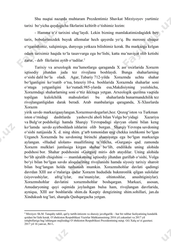 urkmaniston oʻrnidagi dashtlarda yashovchi aholi bilan volga boʻyidagi xazariya va bulgʻor podsholigi hamda sharqiy yevropadagi slavyan olami bilan keng koʻlamda savdo ayirboshlash ishlarini olib borgan. sharqiy yevropa savdoning oʻsishi natijasida x. d. ning shim. gʻarb tomonidan eng chekka istehkomi boʻlgan urganch xorazmda bu savdoning birinchi ahamiyatga ega boʻlgan markaziga aylangan. «hudud ulolam» muallifining taʼrificha, «gurganj» qad. zamonda xorazm mulklari jumlasiga kirgan shahar boʻlib, endilikda uning alohida podshosi bor. shahar podshosini «gurganj miri» deb ataydilar. uning alohida boʻlib ajralib chiqishini — mamlakatning iqtisodiy jihatdan gurillab oʻsishi, volga boʻyi bilan boʻlgan savdo aloqalarining rivojlanishi hamda siyosiy tarixiy sharoit bilan bogʻlangan holda tushunish mumkin. xorazmshohlar davlati qadimgi davrdan xiii asr o’rtalariga qadar xorazm hududida hukmronlik qilgan sulolalar (siyovushiylar, afrig’iylar, ma’muniylar, oltintoshlar, anushtiginiylar). xorazmshohlar davlatini xorazmshohlar boshqargan. markazi, asosan, amudaryoning quyi oqimida joylashgan bulsa ham, rivojlangan davrlarida, ayniqsa, xiii asr boshlarida shim.da kaspiy dengizining shim.sohillari, jan.da xindukush tog’lari, sharqda qashqargacha yetgan. xorazmshohlar davlatining tashkil …