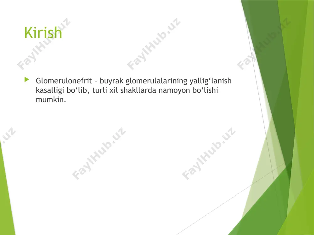 i vositalari - kortikosteroidlar (prednizolon) - sitotoksik preparatlar (ciklofosfamid) - immunosupressorlar (azatioprin, mykofenolat mofetil) - antihipertenzivlar (ace ingibitorlari, arb) 3. simptomatik davolash - shishlarga qarshi diuretiklar - gemodializ (og‘ir buyrak yetishmovchiligida) - gipoalbuminemiya uchun infuzion terapiya - tuz va suyuqlik iste’molini cheklash 4. hayot tarzi va nazorat - kam tuzli va past oqsilli parhez - suyuq iste’molini nazorat qilish - qon bosimi va buyrak funksiyasini muntazam kuzatish - chekish va alkogoldan voz kechish xulosa glomerulonefrit turli sabablarga ko‘ra rivojlanishi mumkin va to‘g‘ri tashxis qo‘yish muhimdir. erta tashxis va samarali davolash buyrak yetishmovchiligini oldini olishga yordam beradi. /docprops/thumbnail.jpeg
