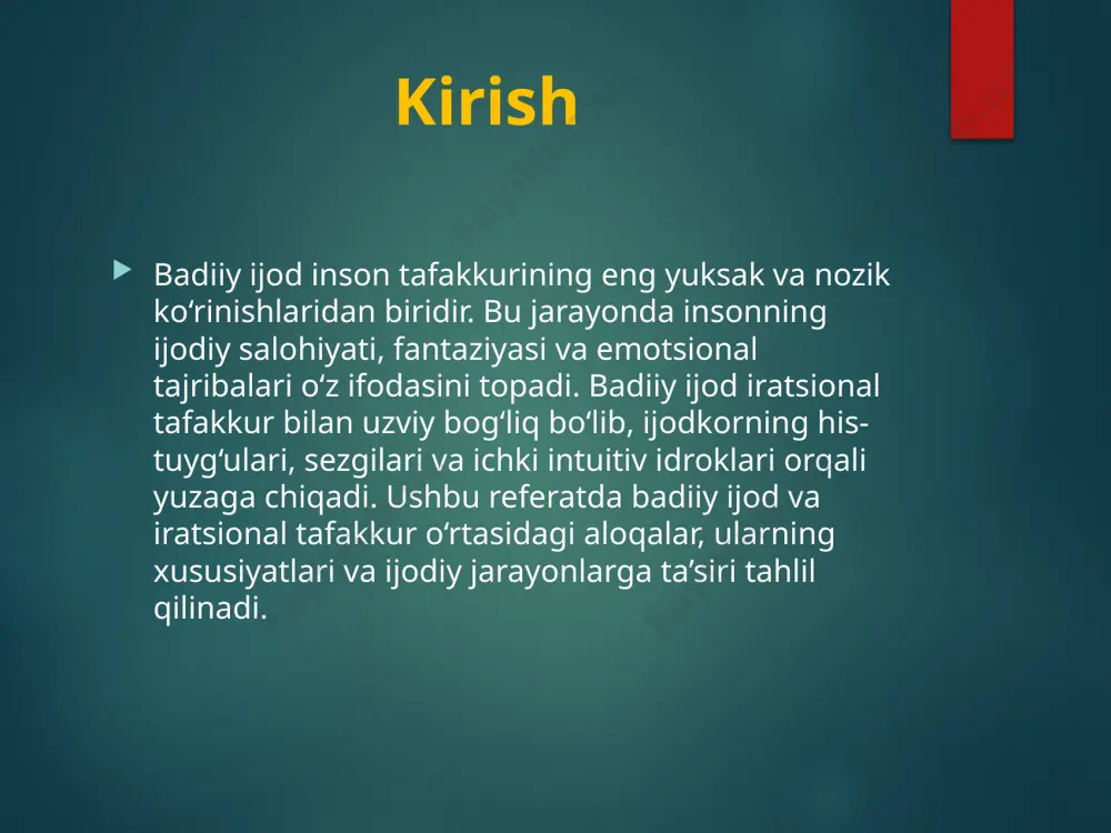 o‘lib, o‘sha davrda mavjud bo‘lmagan texnologiyalarni tasvirlab, kelajakdagi kashfiyotlarga ilhom bergan. intuitiv tafakkur esa ijodkorning ichki his-tuyg‘ulari va sezgilariga tayanib, ma’lum bir vaziyatda qaror qabul qilish yoki obrazlarni yaratishda muhim rol o‘ynaydi. bu, ayniqsa, o‘zbek adabiyotida otabek kabi qahramonlar obrazida yaqqol ko‘rinadi, ularning qarorlari ko‘pincha mantiqdan ko‘ra ichki sezgi va intuitiv idrok asosida qabul qilinadi. his-tuyg‘ularning ustuvorligi badiiy ijod jarayonida his-tuyg‘ular mantiqiy fikrlashdan ko‘pincha ustun turadi. bu esa ijodkorning o‘quvchida yoki tomoshabinda chuqur emotsional ta’sir qoldirish imkoniyatini oshiradi. his-tuyg‘ular orqali yaratilgan asarlar odatda odamlarning qalbiga tez yetib boradi va uzoq muddatli ta’sir ko‘rsatadi. masalan, erkin vohidov ning she’riy asarlarida shoirning ichki kechinmalari, milliy g‘urur va insoniy tuyg‘ular kuchli aks etgan. uning she’rlarida mantiqdan ko‘ra yurakdan chiqqan so‘zlar ustuvor bo‘lib, bu o‘quvchida ichki hayajon va chuqur mulohazalar uyg‘otadi. his-tuyg‘ularning ustuvorligi ijodiy jarayonni yanada jonli va tabiiy qiladi, bu esa san’atning barcha turlarida keng qo‘llaniladi: teatr, kino, musiqa va adabiyot. symbolika va …