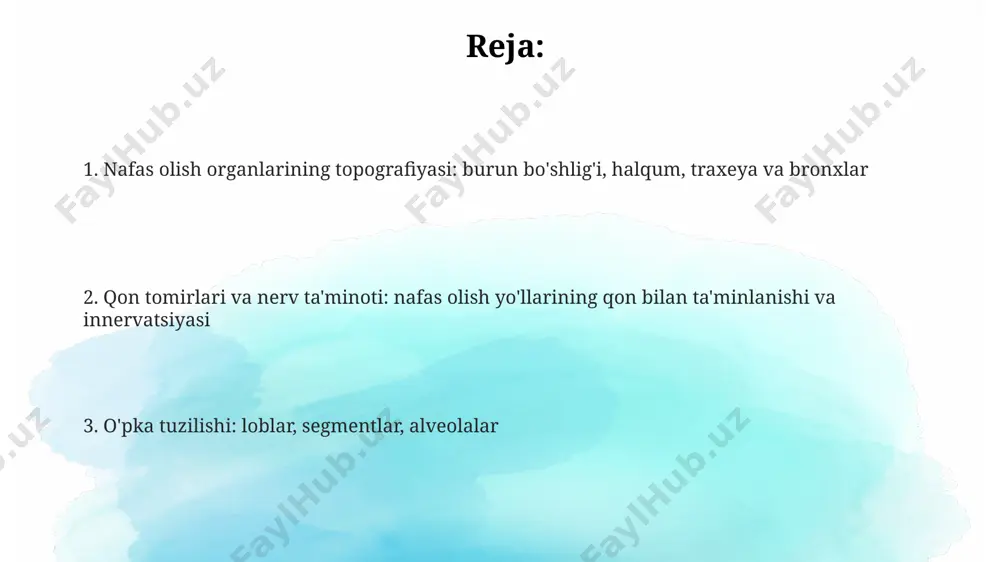 rteriyalar qalqonsimon bezning 1 va 2-bo'laklarini ta'minlaydi va xiqildoqning turli qismlariga tarqaladi. alveolyar tuzilishi ii turdagi pnevmotsitlar alveolar yuzaning taxminan 5% ini egallaydi va ular surfactant ishlab chiqaradi, bu modda yuzaki taranglikni kamaytirib, alveolalarning kollaps bo'lishiga yo'l qo'ymaydi. alveolalar devori asosan i turdagi pnevmotsitlarning bir qavatli yassi epiteliysidan iborat bo'lib, bu hujayralar alveola yuzasining taxminan 95% ini qoplaydi va gaz almashinuvini ta'minlaydi. alveolalar orasida alveolar poralar (kohn teshiklari) mavjud bo'lib, ular qo'shni alveolalar o'rtasida gaz almashinuvini ta'minlaydi va havo yo'llari to'sib qo'yilganda zaxira ventilyatsiya yo'lini yaratadi. bronxlar: asosiy bronxlar asosiy bronxlar haqida ma'lumot asosiy bronxlar t5-t6 umurtqalari darajasida traxeyaning bifurkatsiyasi natijasida hosil bo'ladi. har bir asosiy bronx o'z tomondagi o'pkaga kirib, bo'lak bronxlariga bo'linadi. o'ng asosiy bronx chapga nisbatan qisqaroq, taxminan 2.5 sm, va kengroq bo'lib, vertikalroq yo'nalishga ega. bu xususiyat o'ng tomonga yot jism kirib qolish ehtimolini oshiradi. burun bo'shlig'i: devorlari burun bo'shlig'ining lateral devorida concha nasalis superior, concha …