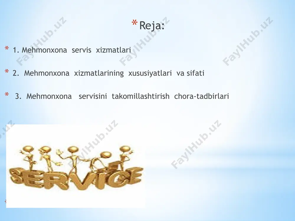 oylarni oldindan buyurtma qilish kichik tizimlari; xizmatga doir axborot berilishini ta’minlash kichik tizimlari; navbatchi ma’mur kichik tizimlari; mehmonxona ma’muriyati kichik tizimlari. axborot hisoblash tizimining imkoniyatlari juda keng. joylarni oldindan buyurtma qilish jarayonini avtomatlashtirish bilan bir qatorda kelayotganlar ro‘yxatga olinadi, nomer fondining hisobi yuritiladi, mijozlarga to‘lash uchun hisobvaraqlar tayyorlanadi. mehmonxona keng qo‘shimcha pullik xizmatlar ko‘rsatadi. zarur axborot olish, pasportlar va turistik hujjatlarni rasmiylashtirish, ekskursiyaga ro‘yxatga olish, valyuta ayirboshlash, teatr, muzey, konsert zallari, stadionlarga chiptalar sotish, samolyot, poyezd va boshqa qatnov vositalariga chiptalarni buyurtma qilish, ijaraga avtomobil olish shular jumlasidan. ayrim mehmonxonalarda ish yuzasidan tashrif buyurgan mijozlar uchun biznes markazlari tashkil etiladi. markaz mijoz ishlashi va kasbiy ta’lim olishi uchun zarur shart-sharoitlar yaratadi. biznes markazida hujjatlarni tarjima qilish, qayta chop etish ishlari bajariladi, kompyuter xizmatlari ko‘rsatiladi. markaz teleks va faksimil aloqa vositalari, videomagnitofon va proyeksion apparatura bilan jihozlanadi. mehmonxonaning mijozlar yashaydigan qismi va unga xizmat ko‘rsatish mehmonxonaning mijozlar yashaydigan qismi tarkibiga nomerlar, …