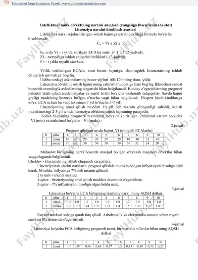 intellektual mulk ob'ektining narxini aniqlash (yangisiga litsenziya mahsulot) — DOCX