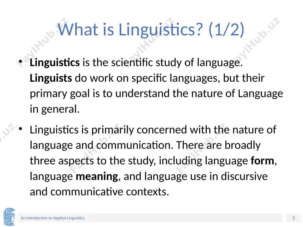 the improvement of the efficiency of some practical task in which language is a central component.” (corder, 1974, p. 24) ‹#› an introduction to applied linguistics what is applied linguistics? (3/4) “applied linguistics is using what we know about (a) language, (b) how it is learned, and (c) how it is used, in order to achieve some purpose or solve some problem in the real world” (schmitt & celce-murcia, 2002, p. 1). ‹#› an introduction to applied linguistics what is applied linguistics? (4/4) “the focus of applied linguistics is on trying to resolve language-based problems that people encounter in the real world, whether they be learners, teachers, supervisors, academics, lawyers, service providers, those who need social services, test takers, policy developers, dictionary makers, translators, or a whole range of business clients.” (grabe, 2002, p. 9). ‹#› an introduction to applied linguistics defining characteristics of applied linguistics autonomous, multidisciplinary and problem …