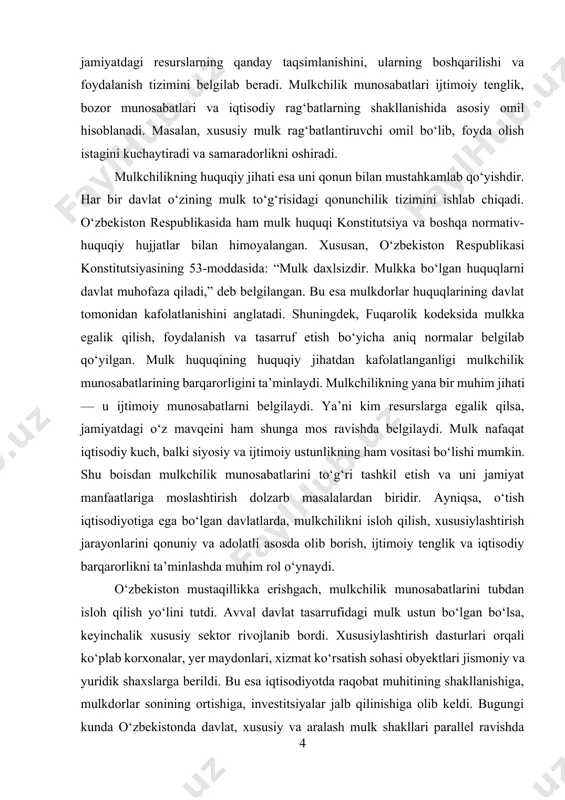 lish, undan foydalanish va tasarruf etish orqali inson o‘zining iqtisodiy mustaqilligini, ijtimoiy maqomini va farovonligini belgilaydi. shu sababli, mulkchilik munosabatlarining to‘g‘ri tashkil etilishi, ularga doir qonunchilik bazasining kuchaytirilishi har qanday taraqqiyot yo‘lini tanlagan jamiyat uchun muhim masala bo‘lib qoladi. 2. mulk shakllari va ularning tasnifi mulk shakllari – bu mulk egasining kimligi va mulk ustidan egalik qilish, foydalanish va tasarruf etish huquqlari asosida ajratiladigan ijtimoiy-iqtisodiy kategoriyadir. mulk jamiyatdagi eng muhim iqtisodiy resurs bo‘lib, uning shakllari ishlab chiqarish vositalariga egalik qilish tizimi, ishlab chiqarish munosabatlari va bozor iqtisodiyotining tuzilishiga bevosita ta’sir ko‘rsatadi. mulk shakllarining mavjudligi jamiyatdagi iqtisodiy munosabatlarning xilma-xilligini ifodalaydi va iqtisodiyotni boshqarishda muhim omil hisoblanadi. hozirgi zamonaviy iqtisodiy tizimda mulkning bir necha asosiy shakllari mavjud: davlat mulki, jamoa mulki, shaxsiy mulk, xususiy mulk va aralash mulk. har bir mulk shakli o‘ziga xos xususiyatlarga ega bo‘lib, ularni farqlashda mulk egasining tabiati, foydalanish mexanizmi va boshqaruv uslublari muhim ahamiyat kasb etadi. davlat …