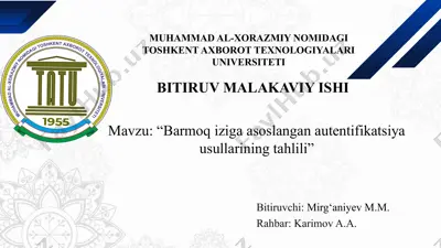 barmoq iziga asoslangan autentifikatsiya usullarining tahlili — PPTX