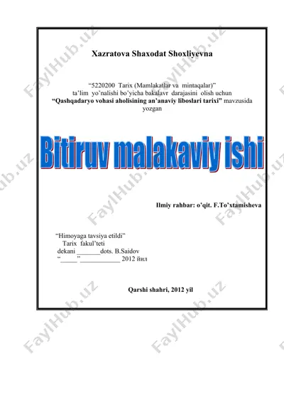 “qashqadaryo vohasi aholisining an’anaviy liboslari tarixi”  — DOC
