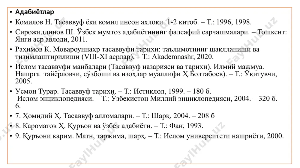 imoiy-siyo siy sabablar g‘oyaviy-aqidaviy sabablar zohidlik davri (viii-ix) oriflik davri (ix-xvi) tasavvuf bosqichlari 1. suf (jun) – jundan to‘qilgan kiyim kiygna kishi ma’nosida; 2. saf (saf, qator) – allohga yaqin kishilar qatorida, bir safda turuvchi ma’nosida; 3. safo (soflik, poklik) so‘zidan – qalbi pok kishi yoki qalbini xudodan boshqa barcha narsalardan poklagan kishi ma’nosida; 4. ahl as-suffa (suffa ahli) iborasidagi suffa so‘zidan – suffa ahli davomchilari. olimlar so‘fiy so‘zining etimoloiyasini quyidagi to‘rt arabcha so‘zdan biridan yasalganini taxmin qiladilar: so‘fiy chin so‘fiy o‘zlikdan hamda foniy dunyodan voz kechgan va haq baqosida o‘zligini qayta topgan zot bo‘lib, suratda bandayu, ma’nida ozod kishidir. surat — tashqi ko‘rinishda banda bo‘lish — jism-tanani iloh toatiga bag‘ishlash bo‘lsa, ma’nida ozodlik – botinni barcha aloqalardan tozalab, ruhni hur va pok saqlash demak. so‘fiyga hech bir narsa va hech bir kishi qaram bo‘lmasligi; uning o‘zi ham hech bir narsaning, hech bir odamning qarami bo‘lmasligi kerak. islom tasavvufini mantiqan …