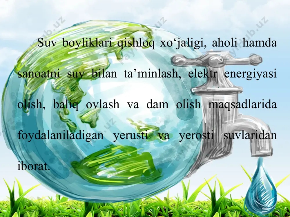 bli o‘zbekiston suv boyliklarini toza saqlash, ularga tashlanadigan suvlarni iloji boricha tozalash lozim. your logo sug‘oriladigan zonadan chiqadigan va tarkibida zaharli kimyoviy moddalar, ya’ni har xil tuzlar bo‘lgan zovur suvlarini daryolarga oqizishga yo‘l qo‘ymaslik kerak. daryo yoqalarida sanitar zonalar tashkil etish lozim. your logo o‘zbekistonda ishlatilayotgan suvlardan qishloq xo‘jaligida noratsional foydalanish, sanoat va maishiy-kommunal xo‘jalikdan chiqayotgan ifloslangan suvlarni to‘la tozalamasdan tabiiy havzalarga oqizish oqibatida suv boyliklari ifloslanmoqda. your logo ifloslangan suvlarning 78 foizi sug‘oriladigan yerlarga, 18 foizi sanoat hissasiga to‘g‘ri kelmoqda (32- rasm). your logo