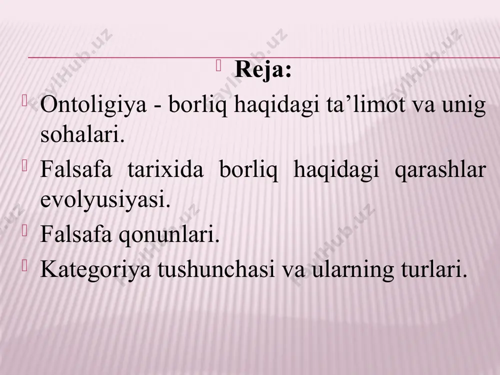 , falsafa yakdillikka intilmaydi va ayni bir muammolar bo‘yicha ba’zan qarama-qarshi, bir-birini istisno etuvchi javoblar beradi. shu tariqa u dunyoqarashni kengaytiradi, eski muammolarning odatdagi talqinini o‘zgartiradi, aniq fanlarning metodlari bilan amalga tatbiq etiladigan yangi echimlar ustida ijodiy izlanishga da’vat etadi. ontologiya tushunchasi. o‘quv kurslarida asosiy falsafiy muammolarni o‘rganish odatda ontologiyadan boshlanadi. ontologiya falsafiy bilimlarning alohida sohasi bo‘lib, unda borliq va yo‘qlik, mavjudlik va nomavjudlik muammolariga doir masalalarning keng doirasi o‘rganiladi, shuningdek mavjudlik sifatiga ega bo‘lgan barcha narsalarning mohiyati aniqlanadi. «ontologiya» atamasi falsafada faqat xvii asrdan beri ishlatiladi, lekin u yunoncha o‘zaklarga ega bo‘lib (ontos – borliq, logos – so‘z, ta’limot), borliq haqidagi ta’limot degan ma’noni anglatadi. ontologiya falsafada alohida o‘rin egallaydi. ikki yarim ming yillik faol falsafiy izlanishlar natijasida falsafiy bilim tizimida ontologiyadan tashqari falsafaning muhim falsafiy mazmun kasb etadigan gnoseologiya, aksiologiya, ijtimoiy falsafa, axloq, estetika, mantiq kabi tarkibiy qismlari paydo bo‘ldi. lekin ularning barchasi zamirida ontologiya yotadi. o‘z navbatida …