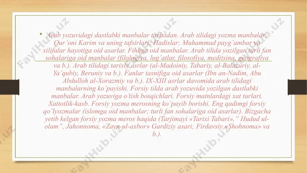 ng tashqi belgilariga qarab bo’linishi. turkiy qo’lyozmalarni o’rganish:qutadg’u bilik, tarixi muluki ajam, qur’on tafsiri, hissasi rabg’uziy, shayboniynoma, tavorixi guzida va b. qo’lyozma asarlar tarixidan va ularning hududiy qamrovi. arab tilidagi yozma meros va uning tarqalishi. qo’lyozmalarning jahon bo’ylab tarqalish sabablari. sharq qo’lyozmalarining yevropaga tarqalishi. sharq qo’lyozmalarining turli mamlakatlardagi miqdoriy ko’rsatkichi. qo’lyozmalar xazinalari: misr, eron, buyuk britaniya, germaniya, turkiya, rossiya, o’zbekiston. sharq qo’lyozmalarini tavsiflash va kataloglar chop etilishi tarixidan. o’zbekiston fanlar akademiyasi sharqshunoslik instituti sharq qo’lyozmalari xazinasi. v-vi asrlarda o’zbekiston tarixi eftaliylar va eftaliylar davlati tarixi bilan bog’liqdir. tarixiy manbalar, shuningdek, arxeologik qazishlar bergan ma’lumotlarga qaraganda, eftaliylar saklar va masagetlarning avlodlaridir. eftaliylar juda katta hududda o’z hukmronliklarini o’rnatdilar. ularning davlatiga sharqiy turkistondan kaspiy bo’ylarigacha bo’lgan yerlar qarar edi. eftaliylar milodning 457-yilida chag’aniyon, toxariston va badaxshonni bo’ysundirishga muvaffaq bo’ldilar. eron shohi sosoniy piruz (459-484 yy.) eftaliylarga qarshi uch bor qo’shin tortti, lekin uning barcha yurishlari mag’lubiyat bilan yakunlandi. buning ustiga eron eftaliylarga …