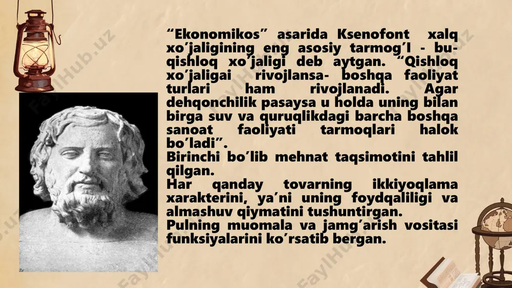 ko‘chmanchilikka asoslangan markaziy osiyoda eski turmush tarzi o‘rnini o‘troq yashash egallay boshladi, sug‘oriladigan dehqonchilik, chorvachilik, hunarmandchilik borgan sari taraqqiy etdi. avestoning axloqiy-falsafiy mohiyati ezgu fikr, ezgu so’z, ezgu amal artxashastra talimoti 1. qadimgi hindiston xo‘jaligi, ijtimoiy tuzumi va iqtisodiy fikrlarini o‘rganishning asosiy manbai «artxashastra» asari hisoblanadi (m.o. iv asr oxiri). uni podsho chandraguptianing maslahatchisi kautilya yozgan deb taxmin qilinadi. bu mashhur asar 15 kitobdan iborat bo‘lib, «artxa» so‘zi – foyda, moddiy manfaat, «shastra» – ilm, ilmiy asar ma’nosini bildiradi. 2. «artxashastra»ning eng boshidayoq podsho to‘rtta «ilmni» bilishi zarurligi to‘g‘risida fikr yuritiladi. ulardan biri iqtisodiyot hisoblanadi. «iqtisodiyot» (ekonomika) dehqonchilik, chorvachilik va savdo sifatida ko‘riladi. mamlakatda qishloq xo‘jaligi, eng avvalo dehqonchilik asosiy soha hisoblangan. 3. dehqon, hunarmand mehnati va savdo faoliyati davlat uchun boylik yaratadi. shuning uchun davlatning siyosati yerni emas, balki odamlarni himoya qilishi kerak. «davlatning kuchi, – deyiladi asarda, – odamlardan tashkil topgan. odam yashamaydigan yer esa, naslsiz sigirga o‘xshaydi …
