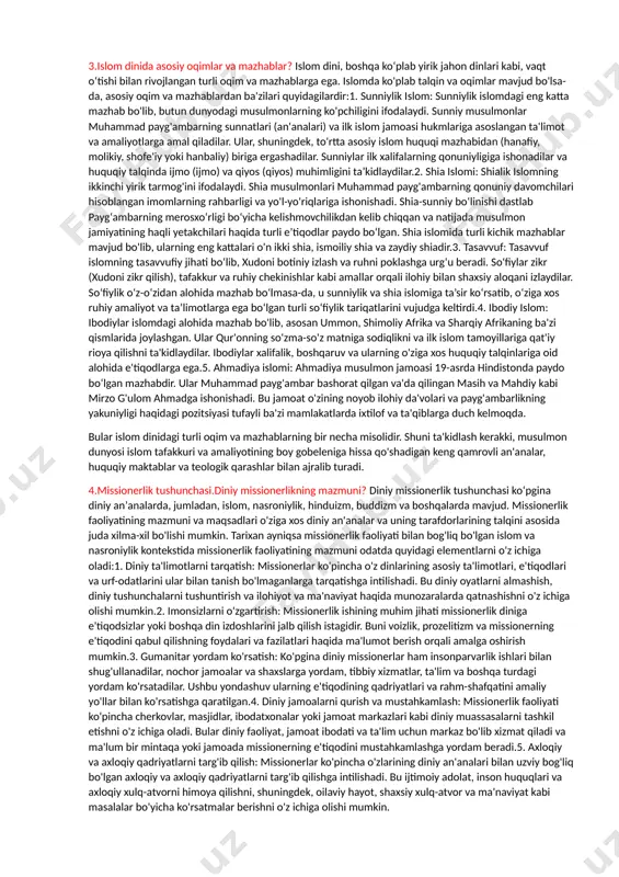 o bo‘lishi murakkab va dinamik jarayon bo‘lib, unga turli omillar, jumladan, tarixiy, madaniy va siyosiy kuchlar ta’sir ko‘rsatishi mumkin. natijada, milliy dinlar e'tiqodlari, urf-odatlari va jamiyatga ta'siri jihatidan juda xilma-xil bo'lishi mumkin. 2.xristianlik dini:paydo bo’lishi,tarqalishi va e’tiqod manbalari? xristianlik eramizning 1-asri boshlarida yaqin sharqning levant mintaqasida paydo boʻlgan. u nasroniylar tomonidan xudoning o'g'li va insoniyatning najotkori deb hisoblangan iso masihning hayoti, ta'limoti, o'limi va tirilishiga asoslangan. xristianlikdagi e'tiqod manbalari imonlilar tomonidan xudo tomonidan ilhomlantirilgan va e'tiqod va amaliyot uchun vakolatli deb hisoblangan bibliyaning eski va yangi ahdlarining oyatlarini o'z ichiga oladi.xristianlikning tarqalishi havoriylar sifatida tanilgan isoning dastlabki izdoshlari va ularning xushxabarni tarqatish bo'yicha missionerlik harakatlaridan boshlandi. xristianlikning tarqalishidagi asosiy shaxslardan biri havoriy pavlus bo'lib, u o'rta er dengizining sharqiy mintaqasi bo'ylab bir necha missionerlik sayohatlarini amalga oshirib, xristian jamoalari va cherkovlarini tashkil qilgan.milodiy 4-asrda rim imperatori konstantinning nasroniylikni qabul qilishi bu dinning tarqalishida muhim burilish nuqtasi boʻldi, chunki u rim …