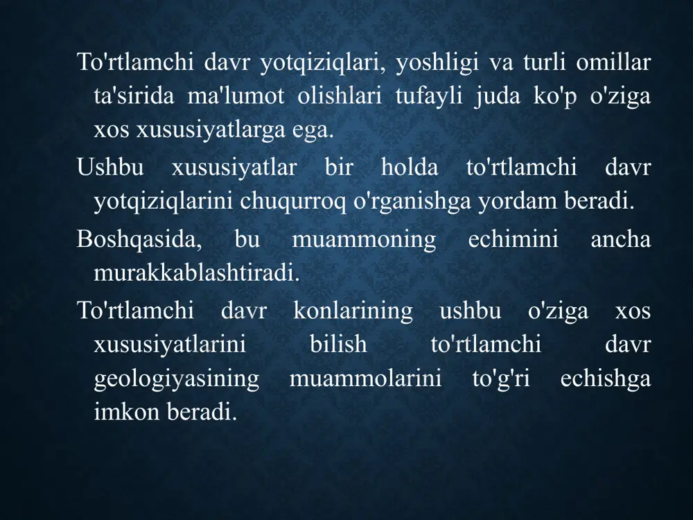 adigan yoki kam sementlangan, shuning uchun ularda yoriqlar saqlanib qolmagan. to'rtlamchi yotqiziqlar toshlar bilan ifodalangan joylarda ularda uzilishlar izlari saqlanib qolgan, bu yoriqlar, yoriqlar, seysmotektonik zovurlar va boshqalar. 6. bir tekis bo'lmagan fazoviy taqsimot to'rtlamchi yotqiziqlar turli xil omillar ta'sirida hosil bo'ladi, bundan tashqari ular turli xil halokat omillari ta'sirining rayonlashtirilishi va faoliyatiga bo'ysunadilar. masalan, doimiy muzlik zonasida morenalar hosil bo'ladi, tog 'etaklaridagi konlarni qoplaydi va hokazo. to'rtlamchi davr konlari shakllanishining kontinentalligini hisobga olgan holda ular rivojlanishning mahalliy, orol xarakteriga ega. 7. qatlamlarning kichik qalinligi va ularning fazoviy o'zgaruvchanligi. to'rtlamchi davrning qisqa davomiyligi tufayli, ya'ni. qisqa muddat, tektonik harakatlarning o'zgaruvchanligi va ekzogen omillarning faolligi, ular qalinligi va fazoviy nomuvofiqligiga ega. to'rtlamchi yotqiziqlar katta oluklarda paydo bo'lganda, u erda katta qalinliklar to'planadi. masalan, farg'ona, qashqadaryo, zaravshan, pritashkent, golodnostep tog 'oralig'idagi chuqurliklar va chuqurliklar. 8. to'rtlamchi davr yotqiziqlarining genetik turlarining ko'pligi. to‘rtlamchi yotqiziqlar turli omillar ta’sirida, ba’zi hollarda omillar majmuasi ta’sirida shakllanadi. …