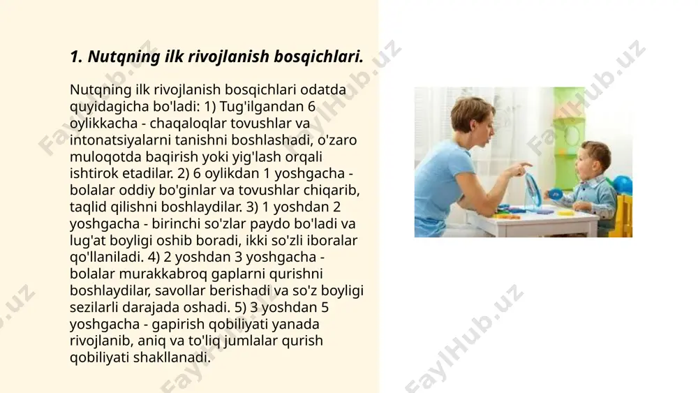 abli nutqni o‘rganish qiyinlashadi. boshqa faktorlar qatoriga kognitiv qobiliyat, eshitish qobiliyati, psixologik holat va ijtimoiy muhit kiradi. masalan, doimiy muloqotda bo‘lgan bolalar nutqni tezroq o‘zlashtiradi. boshqa tomondan, eshitish qobiliyati cheklangan bolalar nutqni o‘rganishda qiyinchiliklarga duch kelishi mumkin. dastlabki 5-7 yosh oralig‘i nutqni o‘rganishda muhim davr hisoblanadi. stress va emotsional buzilishlar ham nutq o‘rganishga salbiy taʼsir ko‘rsatishi mumkin. shu sababli salbiy omillarni kamaytirish muhim. ... t.me/slaydai_bot 7. bogʻlanma nutqning biologik asoslari. bogʻlanma nutqning biologik asoslari asosan markaziy asab tizimi va miya sohalariga taalluqlidir. nutq jarayonida miya po‘stlog‘ining brok va vernike zonalari muhim rol o‘ynaydi. ushbu zonalar talaffuz va tushunishni boshqaradi. nutqning paydo bo‘lishida, tovushni ishlab chiqarishda ovoz bog‘lamlari va nafas a’zolari muhimdir. markaziy asab tizimi hamda buzone, ular o’rtasidagi uzviy bog‘lanish, nutqning samarali shakllanishiga hissa qo‘shadi. farzandlik davrida bu jarayonlarning rivojlanishi muhim, zero, o‘rganish va o‘sish biologik asoslarni mustahkamlaydi. bundan tashqari, genetik omillar ham bog‘lanma nutqning rivojlanishiga ta’sir ko‘rsatishi mumkin. ... …