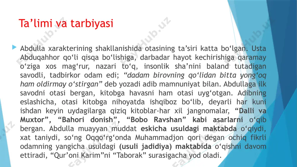 diyda, mute, nochor, xo‘rlangan odamlar qismati bilan tanishasiz. “bemor”ga asos bo‘lgan voqea bu voqea “bemor”ga asos bo‘lgan. lekin muallif voqeani hikoyaga aylantirishda unga qator jiddiy o‘zgartirishlar kiritgan. hikoyada tasvirlanishicha, sotiboldining xotini og‘rib qoladi. sotiboldi qurbi yetgan chora-tadbirlarning hammasini qiladi: domlaga o‘qitadi, tabibga qaratadi, baxshiga, kinnachiga ko‘rsatadi, bulardan hech narsa chiqmaydi. doktorga qaratish uchun esa qurbi yetmaydi. vaziyat yanada keskinlashadi, bemor bora-bora og‘irlashadi, sotiboldi esa najot qidirishda davom etadi, bahouddinga narsa ko‘taradi, “ko‘ngilga armon bo‘lmasin” deb chilyosin qildiradi, hatto qo‘shni kampirning “begunoh go‘dakning saharda qilgan duosi ijobat bo‘ladi» degan maslahatiga amal qilib, har kuni saharda to‘rt yashar qizchasini uyg‘otadi va uyqu g‘ashligi bilan yig‘lab turgan qizchasiga duo o‘qitib, uni takrorlashga majbur etadi. voqea xotimasi juda ayanchli – bemor o‘ladi. sotiboldi o‘lik yonidan olayotganda qizcha uyg‘onadi va ko‘zini ochmasdan odatdagicha “xudoyo ayamdi daydiga davo beygin”, deb duo qiladi. “dahshat” hikoyasida “tiriklar go‘ristoni” olimbek dodxoh xonadonidan qutulish yo‘lidagi mislsiz jasorati qahramonning halokati bilan …