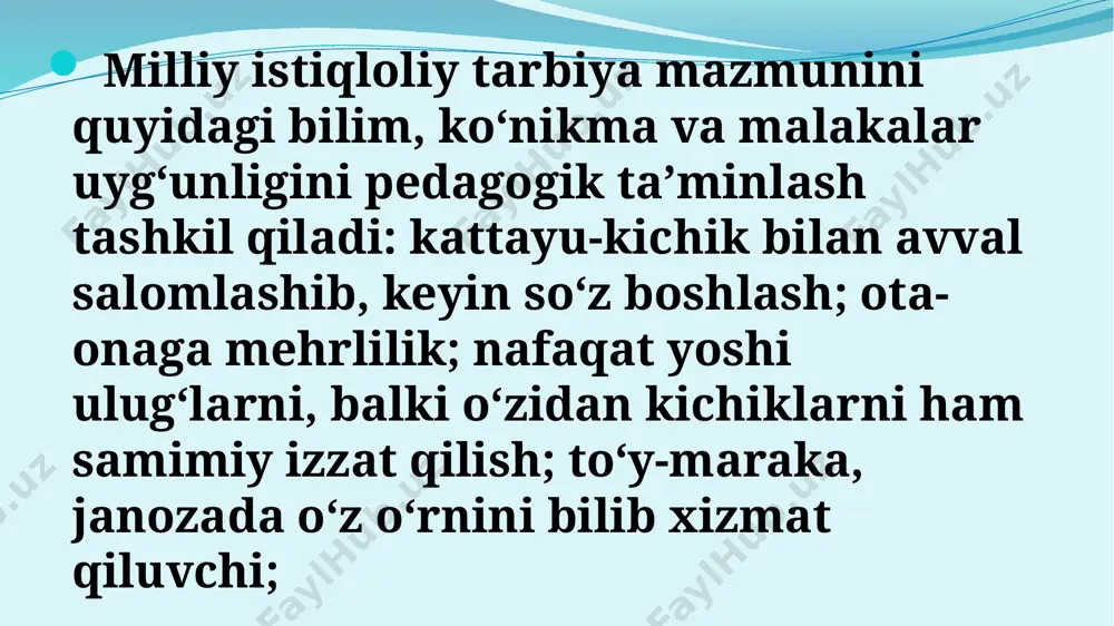 qlangach, qo‘polligi muhokama qilingach va h.k. - bitim – bolaning hayotiga, o‘qishiga, kelajagiga oid jiddiy masalani uning o‘zi bilan muhokama qilib, o‘zaro ijobiy kelishuv, to‘xtam, qarorga kelmoq. buyurmoq - vaziyatning taqozosi bilan tarbiyaviy maqsaddan kelib chiqqan holda bolaning o‘zi uchun, jamoa, millat, vatan manfaatlarini ko‘zlab buyruq bermoq. va’da olmoq - bolaning o‘z so‘ziga sodiqligini, so‘zi va ishi birligini sinash maqsadida undan biror ishning, majburiyatning bajarilishi haqida so‘z olmoq. g irgitton bo‘lmoq - mehribonlik bilan, “aylanay”, “o‘rgilay” so‘zlarini ishlatib, ismiga “jon”, “xon” qo‘shib bolani erkalash. yorilmoq - bolaning sizdan noo‘rin xafaligini bilgach, tanho qoldirib, asl maqsadingiz – uning muvaffaqiyati ekanligini aytishingiz. xayrixohlik, samimiylik bu usulga muvaffaqiyat keltiradi. inoqlashmoq bola bilan yaqin, do‘stona munosabat bog‘lamoq, ahillashib ketmoq. kafil bo‘lmoq bola bilmay, adashib xatoga yo‘l qo‘ygan chog‘da uning yaxshiligi haqida boshqalar (o‘qituvi, o‘quvchilar)ni ishontirib, bola uchun mas’uliyatni o‘z ustiga olmoq. -kuzatmoq - sinf ahlining, har bir bolaning xulq-atvorini zimdan qarab, tekshirib turmoq, ko‘zdan …