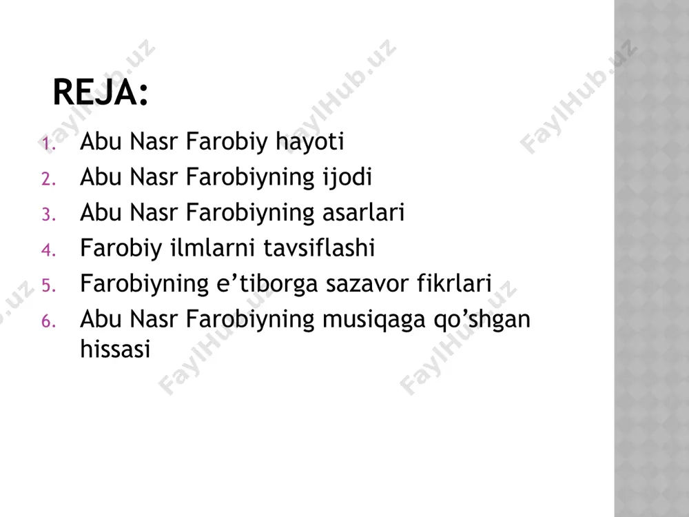 bilan ko’p shug’ullanadi. meditsina sohasida ish olib borib, uni yaxshi egallaydi. farobiy ayniqsa falsafa bilan ko’p shug’ullanadi, bu fanni chuqur o’rganish uchun boshqa fanlardan foydalanadi. abu nasr farobiyning asarlari mavjud maʼlumotlarga qaraganda, farobiy 160 dan ortiq asar yozgan. lekin ularning aksariyati bizgacha yetib kelmagan. shunga qaramay, mavjud risolalarining oʻziyoq uning bugok olim ekanligidan dalolat beradi. farobiy ilmlarni tavsiflashi farobiy ilmlarni quyidagicha tasniflaydi: 1) til haqidagi ilm (grammatika, sheʼriyat, toʻgʻri yozuv va boshqalarni oʻz ichiga oladi); 2) mantiq (8 boʻlimdan iborat boʻlib, tushuncha, muhokama, xulosa, sillogistika, dialektika, sofistika va boshqalarni oʻz ichiga oladi); 3) matematika (arifmetika, geometriya, astronomiya, mexanika, optika, sayyoralar, musiqa va ogʻirlik haqidagi ilmdan iborat); 4) tabiiy ilmlar, ilohiy ilmlar yoki metafizika; 5) shahar haqidagi ilm (siyosiy ilm, fiqh, pedagodika, axloqshunoslik va kalom kiradi). farobiyning e’tiborga sazavor fikrlari farobiyning eʼtiborga sazovor fikrlaridan biri jamiyat taraqqiyotida geografik muhitning oʻrni masalasidir. uning oʻylashicha, kishilarning muayyan qududda yashashi ularning turmush tarzi, urfodatlari, …