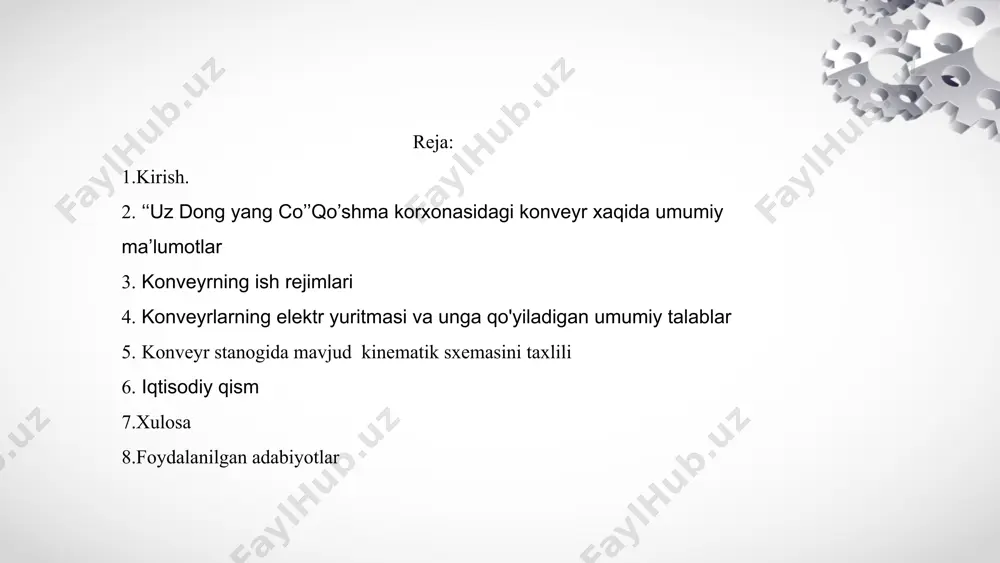 y rejim ishlab chiqarish jarayonlarida qisqa vaqt ichida ishlatiladigan yoki ko‘p miqdordagi mahsulotlar birgalikda tashilishi kerak bo‘lgan hollarda qo‘llaniladi. 4. konveyrlarning elektr yuritmasi va unga qo'yiladigan umumiy talablar texnologik ish sharoitlari tufayli konveyerlar ko'pincha tezlikni nazorat qilishni talab qilmaydi. ushbu turdagi konveyer doimiy tezlikda doimiy ishlaydi. boshqa hollarda, doimiy ish tezligida sayoz tezlikni nazorat qilish talab qilinadi. uzoq shimolda ochiq usulda qazib olishda foydalanish uchun mo'ljallangan konveyer liniyalarida lenta yuklanmaganda past tezlikka ega bo'lish kerak. yog'ning qotib qolishiga yo'l qo'ymaslik uchun konveyer minimal miqdorda elektr energiyasini iste'mol qilganda ham, yuk bo'lmaganda ham to'xtamasligi kerak. konveyrlarning xarakterli xususiyati yuklangan konveyerni ishga tushirishda statik qarshilikning muhim momenti va sezilarli darajada kamaygan massadir. ishga tushirish odatda bo'sh lenta bilan amalga oshiriladi. lekin haydovchi yuklangan konveyerni ishga tushirishi kerak. konveyerlarni ishga tushirish, tasmadagi yukdan qat'i nazar, qo'zg'aluvchan tamburning sirpanishini va kamarning tez-tez kelib chiqadigan. konveyrlar sanoat va ishlab chiqarish jarayonlarida mahsulot yoki materiallarni uzluksiz …