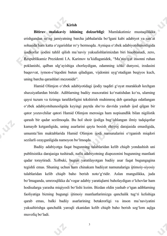 vositalaridan foydalanish mahoratini tadqiq etish. - shoir ijodida folklorizm masalasini tahlil etish. - shoir dostonlarining g‘oyasida xalq og‘zaki ijodining uyg‘unlashuvi muammosini tadqiq etish. - hamid olimjon ijodida xalq ertaklarining o‘rni masalasini tahlil etish. bitiruv malakaviy ishning yangiligi hamid olimjonning hayoti va ijodi, uning lirikasidagi o‘ziga xos individualligi muammolari o‘zbek adabiyotyotshunos olimlari tomonidan yetarlicha tahlil qilingan. ammo hamid olimjon ijodi ya’ni uning asar yaratish jarayonida folklorizmdan foydalanish mahorati yetarlicha tadqiq etilmagan. biz bitiruv malakaviy ishimizda mazkur muammolarni yetarlicha tadqiq etishni asosiy vazifa qilib oldik. bu esa ishimizning o‘ziga xos yangiligini tashkil etadi. bitiruv malakaviy ishning nazariy va amaliy ahamiyati. bitiruv malakaviy ishning natijalaridan maktab, litsey va kollejlarda hamid olimjon hayoti va ijodini o‘rganishda ma’ruza refaratlar yozishda bemalol foydalanish mumkin. bundan tashqari bitiruv malakaviy ishning materiallari o‘zbek adabiyotida, hamid olimjonning ijodini o‘rganishda ozgina ulush bo‘lib qo‘shiladi va tadqiqot obyektini kengaytiradi. bitiruv malakaviy ishning hajmi . bitiruv malakaviy ish kirish, ikki asosiy bob, …