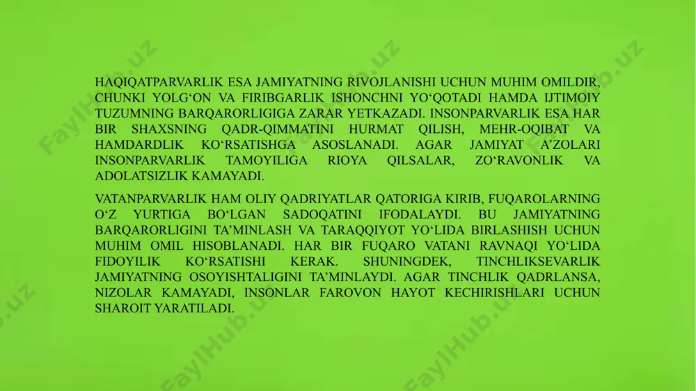 a muhim o‘rin tutadigan fazilatlardan bo‘lib, ular shaxsiy taraqqiyot, jamiyat rivoji va baxtli hayot kechirishning asosi hisoblanadi. bu ikki fazilat o‘zaro chambarchas bog‘liq bo‘lib, halol mehnat qilgan inson albatta muvaffaqiyatga erishadi. halollik – insonning to‘g‘ri yo‘ldan borishi, hiyla va aldovdan uzoq yurishi, mehnatsevarlik esa har qanday sharoitda tinimsiz harakat qilish, intilish va bardavomlikdir. halollik insonning ichki pokligi bilan bog‘liq bo‘lib, u faqat moddiy manfaatlarga halol bo‘lishni emas, balki qalbda ham samimiy va sof bo‘lishni anglatadi. halol inson hech qachon o‘zganing haqini yemaydi, yolg‘on gapirmaydi, birovni aldashdan tiyiladi. u o‘z hayotini pok yo‘llar bilan qurishga intiladi, mehnati orqali o‘z o‘rnini topishga harakat qiladi. bunday kishilar jamiyatda hurmat qozonadi, ularga nisbatan ishonch yuqori bo‘ladi. ota-onalar farzandlariga yoshlikdan halollikni o‘rgatsa, kelajak avlod vijdonli va to‘g‘ri yo‘ldan yuruvchi insonlar bo‘lib yetishadi. 11 4. vatanparvarlik va insonparvarlikning tarbiyaviy ta’siri vatanparvarlik va insonparvarlik insonning ma’naviy kamoloti va jamiyatning rivojlanishida muhim o‘rin tutadigan fazilatlardan biridir. ular shaxsning …