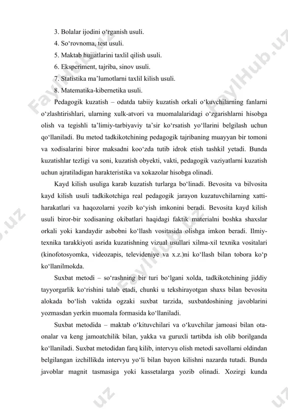 xs bilan bevosita alokada bo‘lish vaktida ogzaki suxbat tarzida, suxbatdoshining javoblarini yozmasdan yerkin muomala formasida ko‘llaniladi. suxbat metodida – maktab o‘kituvchilari va o‘kuvchilar jamoasi bilan ota-onalar va keng jamoatchilik bilan, yakka va guruxli tartibda ish olib borilganda ko‘llaniladi. suxbat metodidan farq kilib, intervyu olish metodi savollarni oldindan belgilangan izchillikda intervyu yo‘li bilan bayon kilishni nazarda tutadi. bunda javoblar magnit tasmasiga yoki kassetalarga yozib olinadi. xozirgi kunda ommaviy so‘rash nazariyasi va praktikasida intervyu tashkil etishning ko‘p usullari mavjud: - guruxlar bilan; - intensiv; - sinash va x.k. bolalar ijodini o‘rganish – o‘quvchilarning o‘ziga xos individual tartibdagi faoliyatlariga doir omillar taxlil kilinadi, xulosalar yasaladi. pedagogik so‘rash metodi – tadkikotchining boshka kishilardan pedagogik tajribaning biror tomoni yoki xodisalari haqida axborot olish jarayoni bu metodningasosini tashkil kiladi. so‘rash savollarning mantikiy o‘ylangan sistemasini, ularning anik ifodalanishini, nisbatan kamchiligi (3-5ta) nazarda tutiladi. shuningdek, kat’iy formadagi javobni (“xa”,”yo`k“) ham taqozo yetishi mumkin. test, so‘rovnomalar - bu so‘rovnoma, …