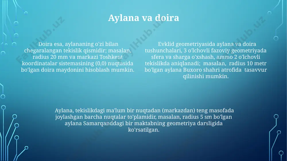 urli koeffitsientlarga ega bo'lishi mumkin, masalan, samarqanddagi registon maydonidagi binolarning nisbatlarini o'rganishda uchraydi. uch o'lchovli fazoda, 3 o'lchovli geometrik shakllar, masalan, kublar yoki tetraedrlar o'rtasidagi o'xshashlikni aniqlashda, ularning mos tomonlarining nisbati va burchaklarining tengligi hisobga olinadi. bu nisbatlar geometrik teoremalar yordamida hisoblanadi. evklid geometriyasida uchburchakning uchta tomoni va uchta burchagi ma'lum bo'lsa, undan o'xshash uchburchak hosil qilish mumkin, masalan, 2 sm, 3 sm va 4 sm tomonli uchburchakka o'xshash 4 sm, 6 sm va 8 sm tomonli uchburchakni yasash mumkin, bu esa toshkentdagi biror maktabdagi darslarda amalda qo'llaniladi evklid aksiomalari evklid aksiomalarining toʻliq tizimi geometrik shakllarning xossalarini, masalan, uchburchakning burchaklari yigʻindisining 180 daraja ekanligini isbotlashga imkon beradi va bu yillar davomida matematikada qoʻllaniladigan muhim teoremalarni keltirib chiqaradi. evklid aksiomalari, xususan, 5-aksioma (parallellik aksiomasi), 19-asrda geometriyaning yangi sohalarini, masalan, giperbolik geometriyani rivojlanishiga turtki boʻlgan va bu riemann geometriyasiga ham ta’sir ko‘rsatgan. evklid aksiomalarining 5 tasidan biri nuqtalar orasidagi masofani aniqlashga imkon …