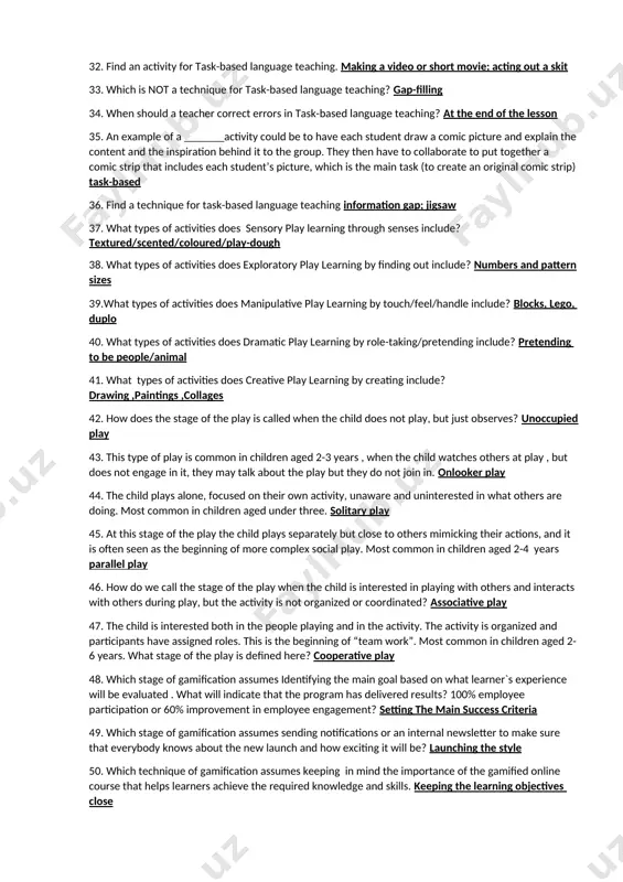 dents and what emerged from the task and report phases. the students then do practice activities to increase their confidence and make a note of useful language.” practice 20. find the advantage of task-based learning. the language explored arises from the students needs. this need dictates what will be covered in the lesson rather than a decision… 21. find an incorrect sentence about task-based learning. tasks often mimic imaginative tasks and situations 22. complete the sentence with a suitable word. task-based learning usually starts with ________ from reading or listening. the learners are then required to complete the task through speaking or writing input 23. task-based learning usually starts with input from reading or listening. the learners are then required to complete the task through _______________ speaking and writing 24. which method is it? “writing telephone messages. work in pairs. listen to the following phone messages left on the answering …