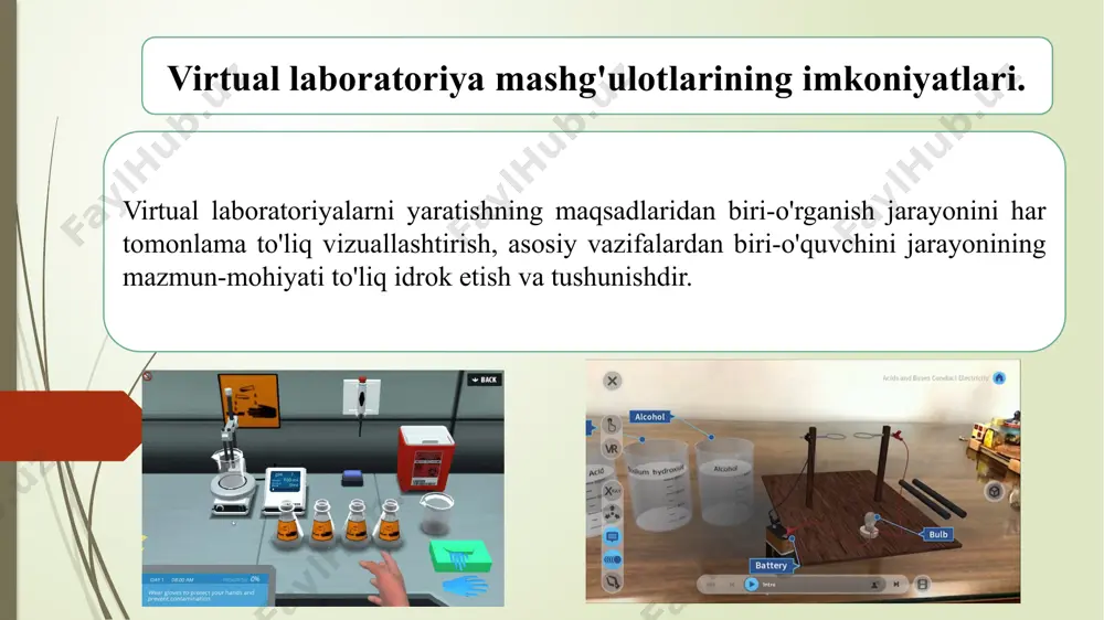 htablarida kuzatish mumkinligi. bundan tashqari, virtual axborot-ta’lim laboratoriyasi sharoitida o'quv modellashtirish orqali bilimning yangi sohalarini o'rganishda o'quvchilarning atrof olamdagi hodisalarni bilishga oid mustaqil faolligi ortadi, hayotiy faoliyati davomida yuzaga keladigan muammolarning yechimi, variantlarini mustaqil topish malakasi, olingan bilimlarni amaliyotda qo'llashgatayyorlik shakllanadi. virtual laboratoriyalarning imkoniyatlari. o'quvchilarning mustaqilligini rivojlantirishga ko'maklashadigan virtual laboratoriyalardan foydalanish, elektron ta'limiy kompyuter mahsulotin ijoriy qilishda muvaffaqiyatning uzviy qismi sanaladi. topshiriqlarning elektron shaklda: audio, video, animatsiyalarni qo'llagan holda berilishi talabalarda kuchli qiziqish uyg’otadi. laboratoriya topshiriqlari natijalarining avtomatik tarzda jamlanishi, o'qituvchiga yengillik yaratadi. laboratoriya mashg’uloti topshiriqlarining talabalar tomonidan qayta takroriy bajarilishi asosida ko'nikma va malakalarningtarkib topish jarayoni jadallashadi. maktabgacha ta'lim muassasalarida multimediya vositalarini mashg'ulotlarda qo'llash afzalliklari asosida bolalarga kompyuter texnalogiyasini o'rgatish, bolada har bir mavzu bo'yicha dinamik ko'rinishda aks etuvchi jarayonlarning animatsiyalarinitasavvur qilish. o'qituvchilar komp'yuter texnologiyalaridan foydalanish ko'nikmasiga ega bo'lish bilan birga quyidagilarni amaliyotda qo'llay olishi lozim: -yangi o'quv materiallarini tushuntirishda kompyuterning namoyish imkoniyatlaridan foydalanish; -internet, o'rgatuvchi va nazorat qiluvchi …